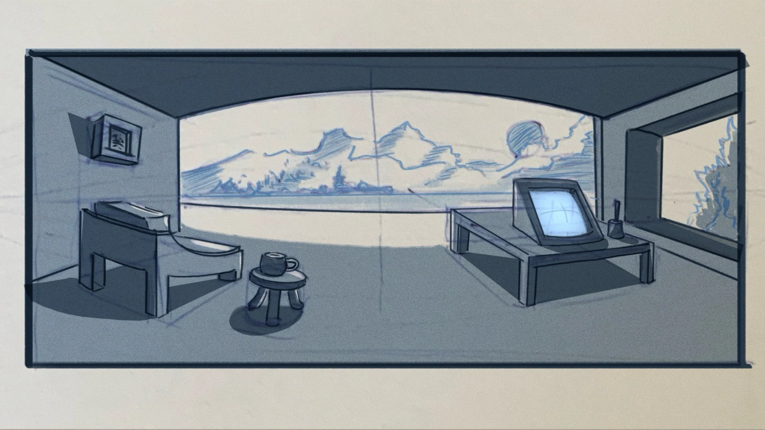 Sketch of a room with a large window showcasing mountains, furniture including a desk with a computer monitor, a chair, a small table with a cup, and a framed picture on the wall.