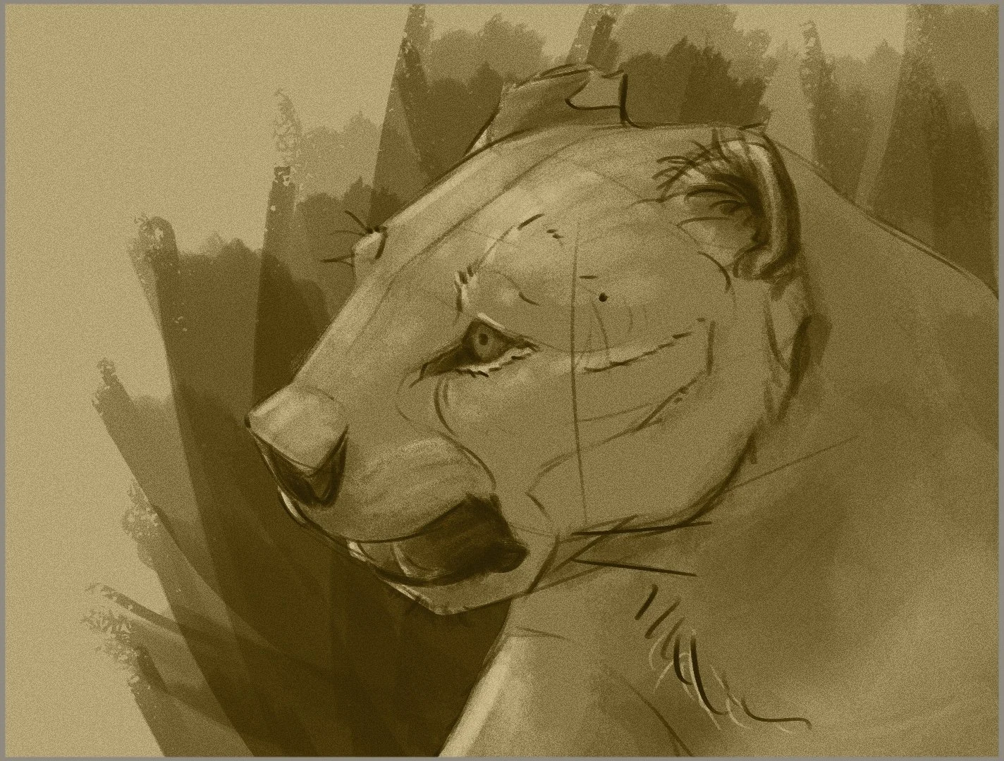 Sketch of a lion's head and part of its body, with a detailed face, mane, and mane outline, set against a background with trees.