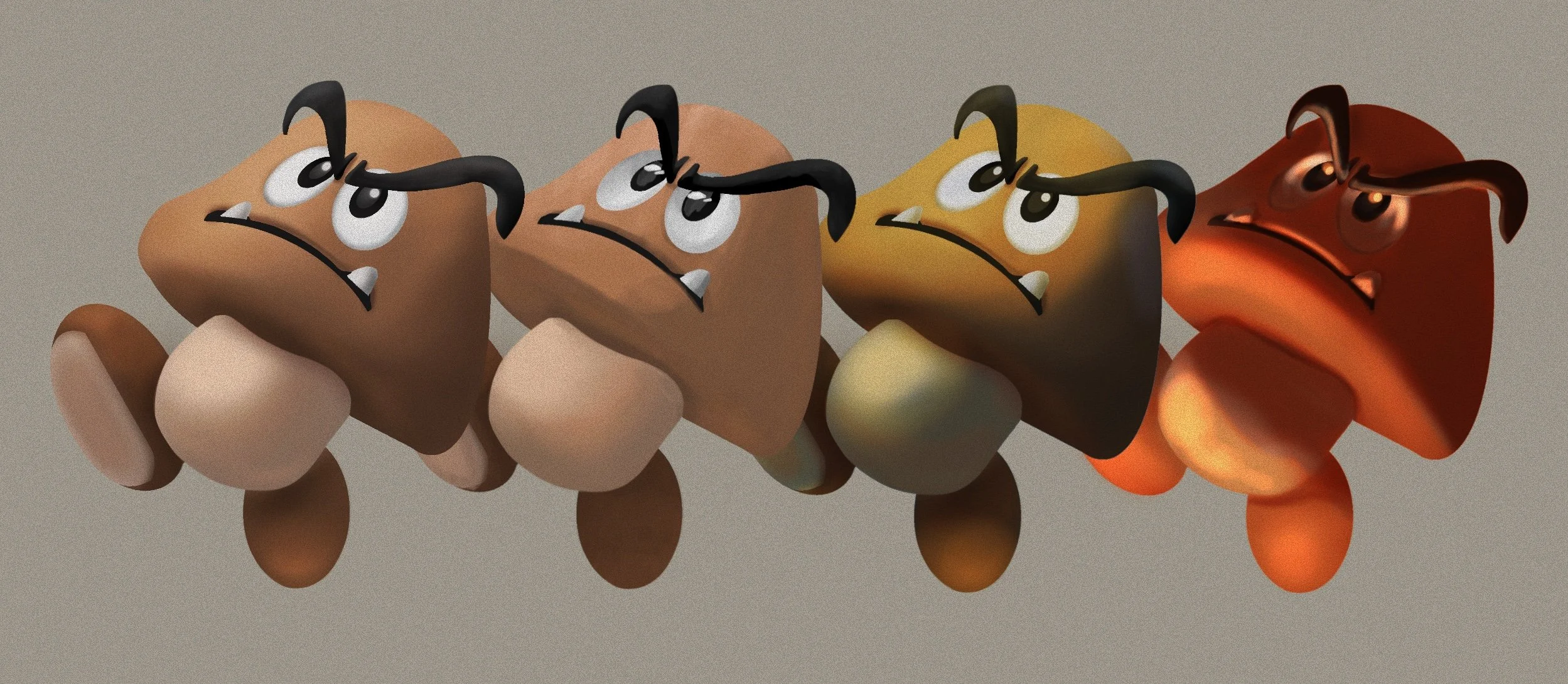 Four cartoonish, stylized hamsters with angry expressions and black eyebrows standing in a row on a plain background.