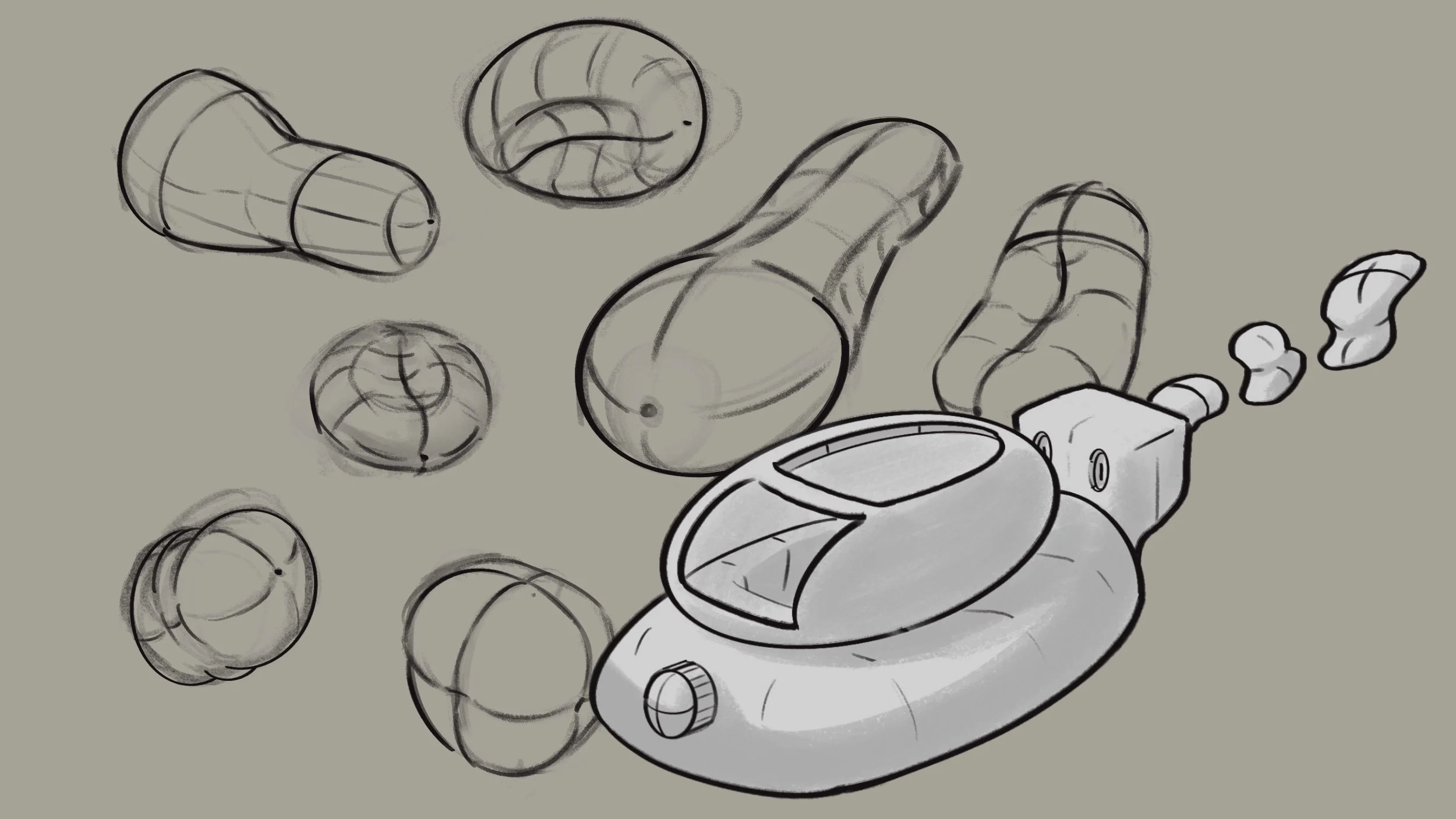 Sketch of a collection of small machinery components and parts, including cylindrical objects, a circular device, and a nozzle or pipe.