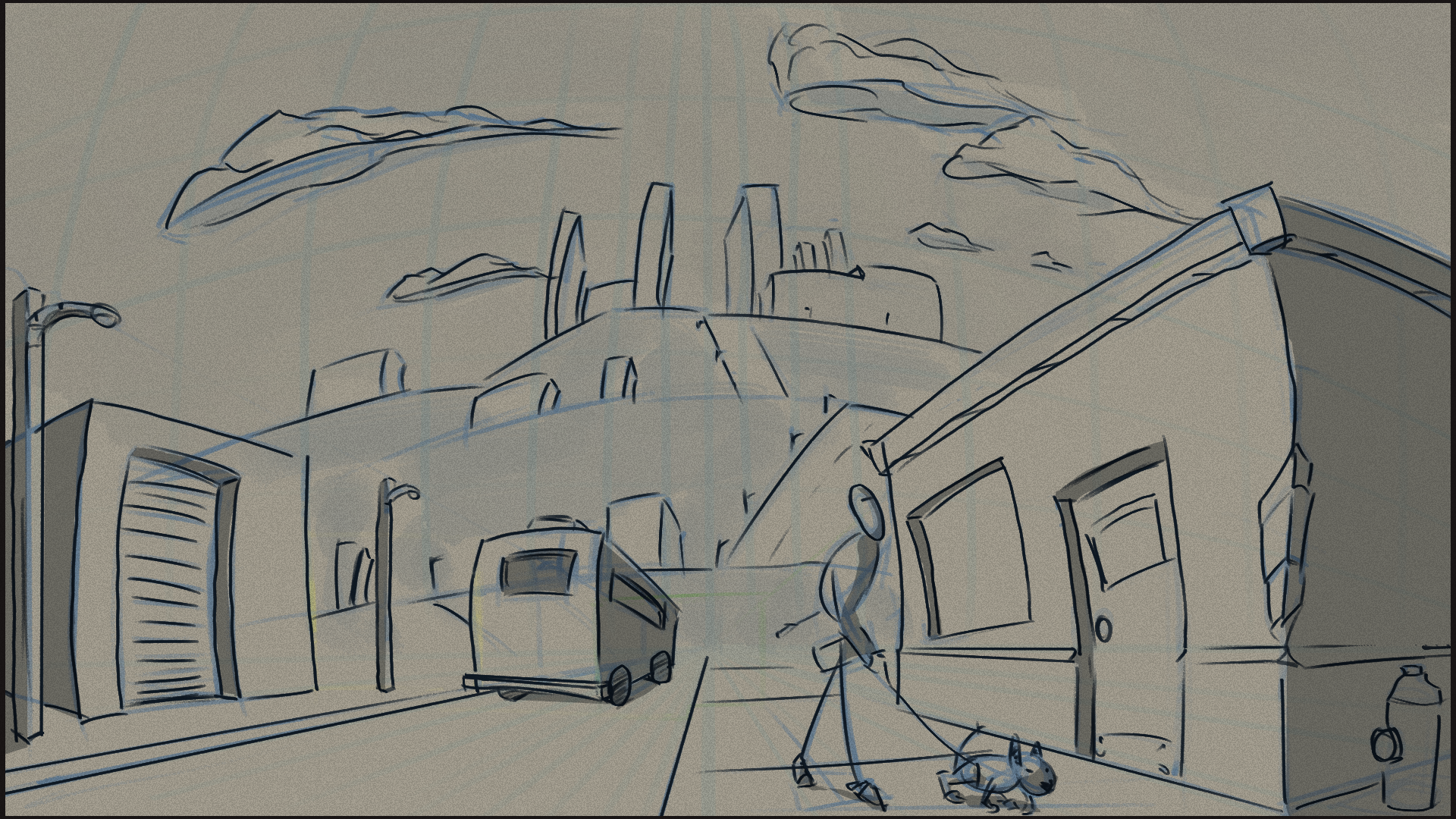 A city street scene sketch with buildings, cars, streetlights, and a large skyline in the distance under a cloud-filled sky.
