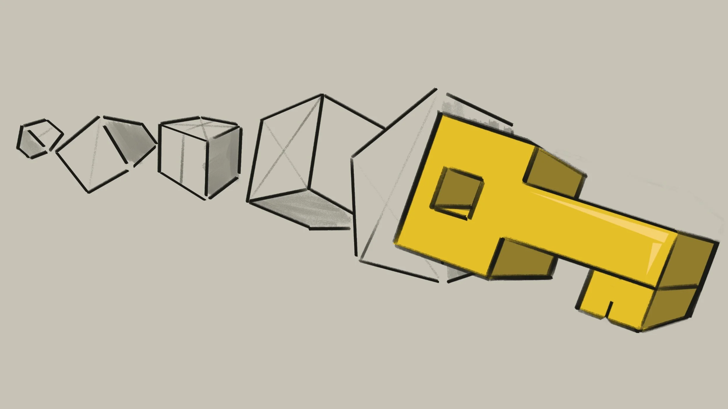 Abstract drawing of series of cube and rectangular shapes, some outlined in black, with one yellow shape on the right.