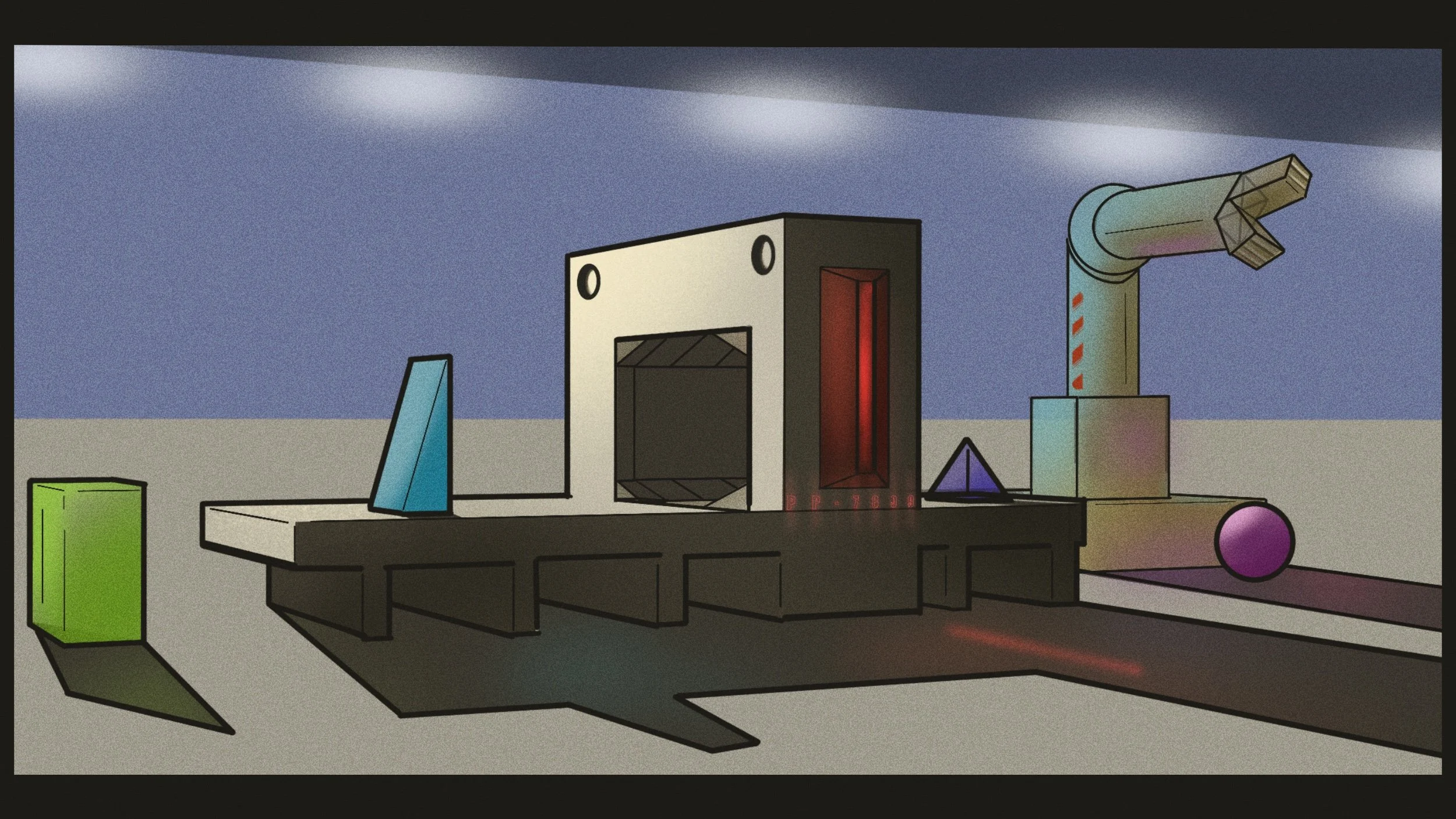 A digital artwork depicts a variety of geometric shapes on a table, including a green cube, a white and black rectangular prism, a blue rectangular shape, a purple cone, and a pink sphere, with a telescope or microscope in the background against a gradient sky.