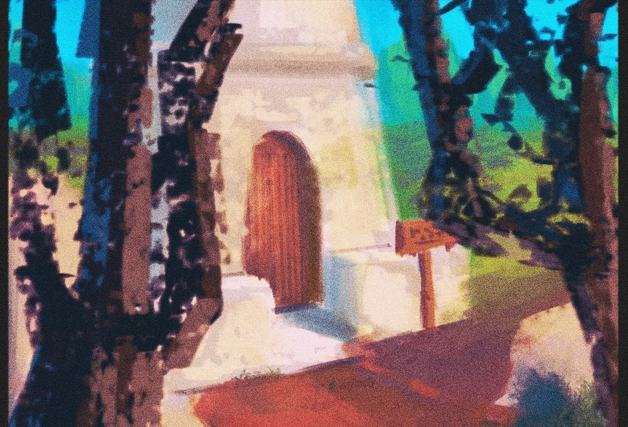A cozy room with a wooden door, a window, and mountain scenery visible through the window.