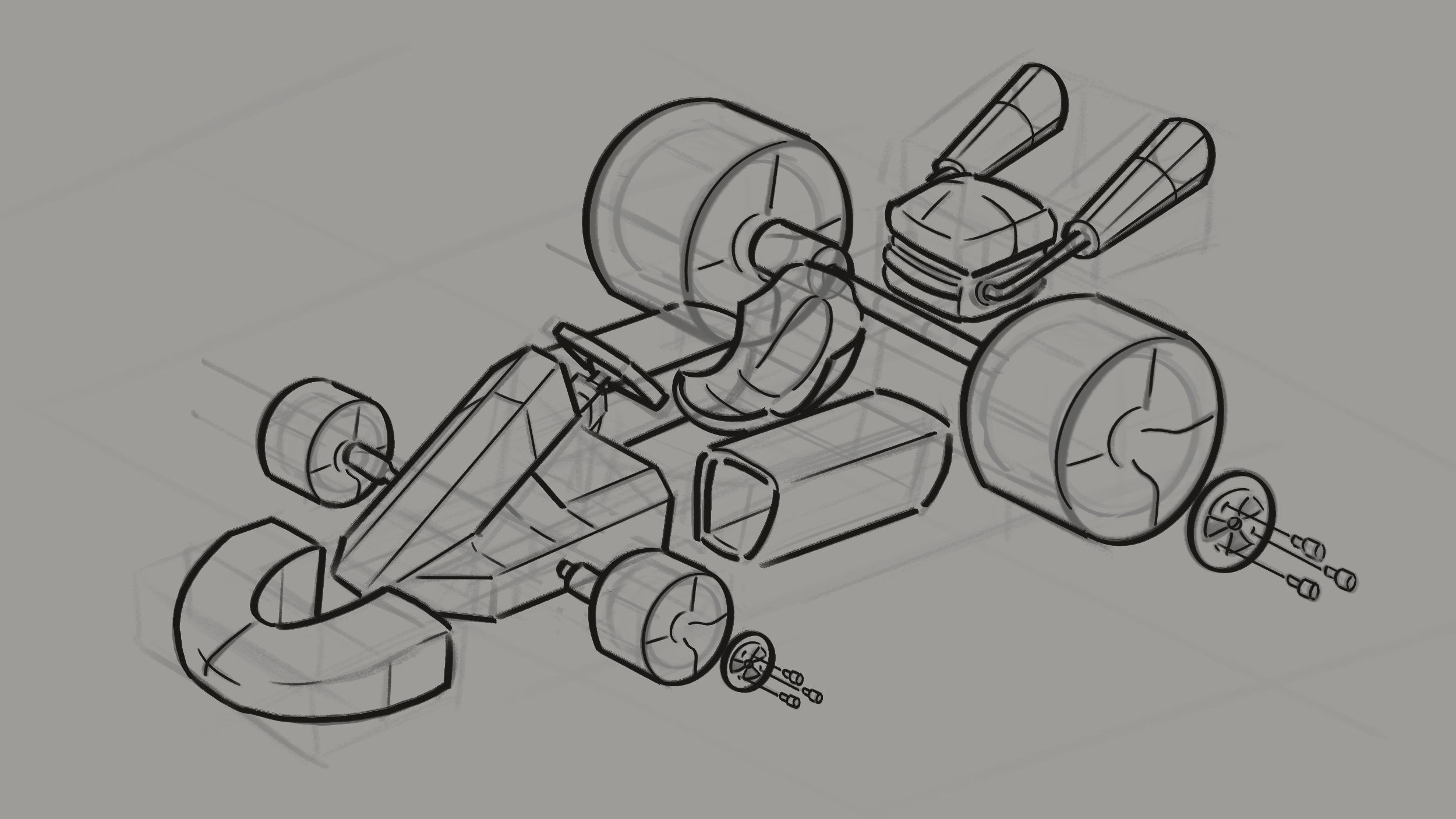 A technical drawing of a small race car with wheels, a streamlined body, and detailed components.