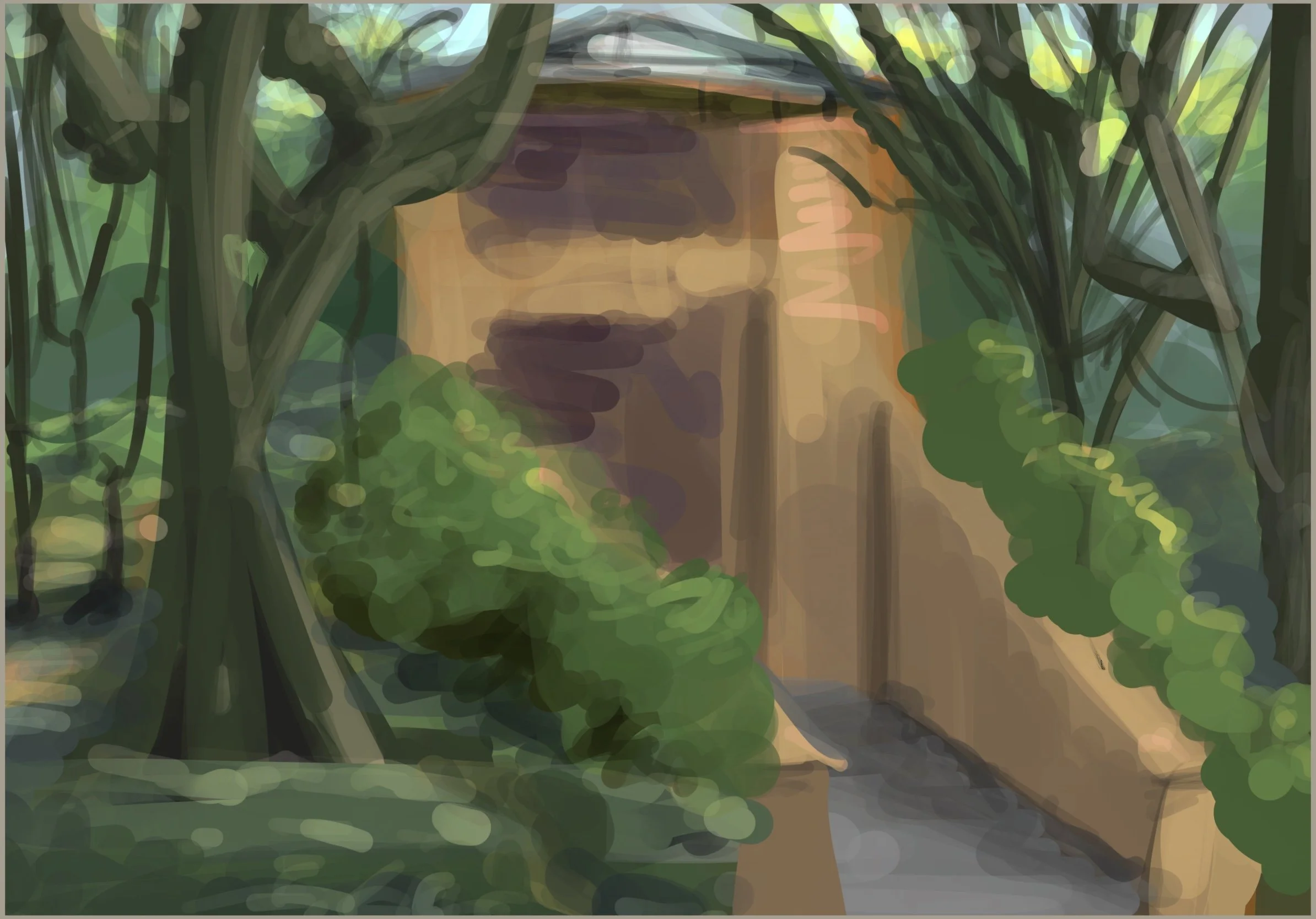 A digitally painted scene of a pathway through a green forest, with tall trees on both sides and sunlight filtering through leaves, leading to a door in the distance.