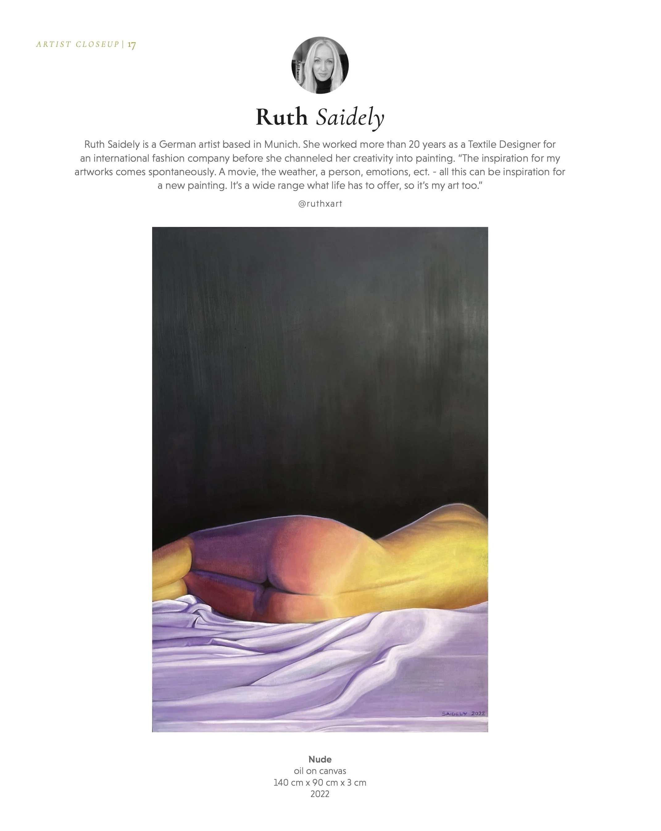 An oil painting on canvas titled 'Nude' by Ruth Saidely, created in 2022, shows a position with a person lying on their side with their back to the viewer, their arm bent and their hand resting by their side, rendered in vibrant colors with a purple and yellow hue on the figure's skin.