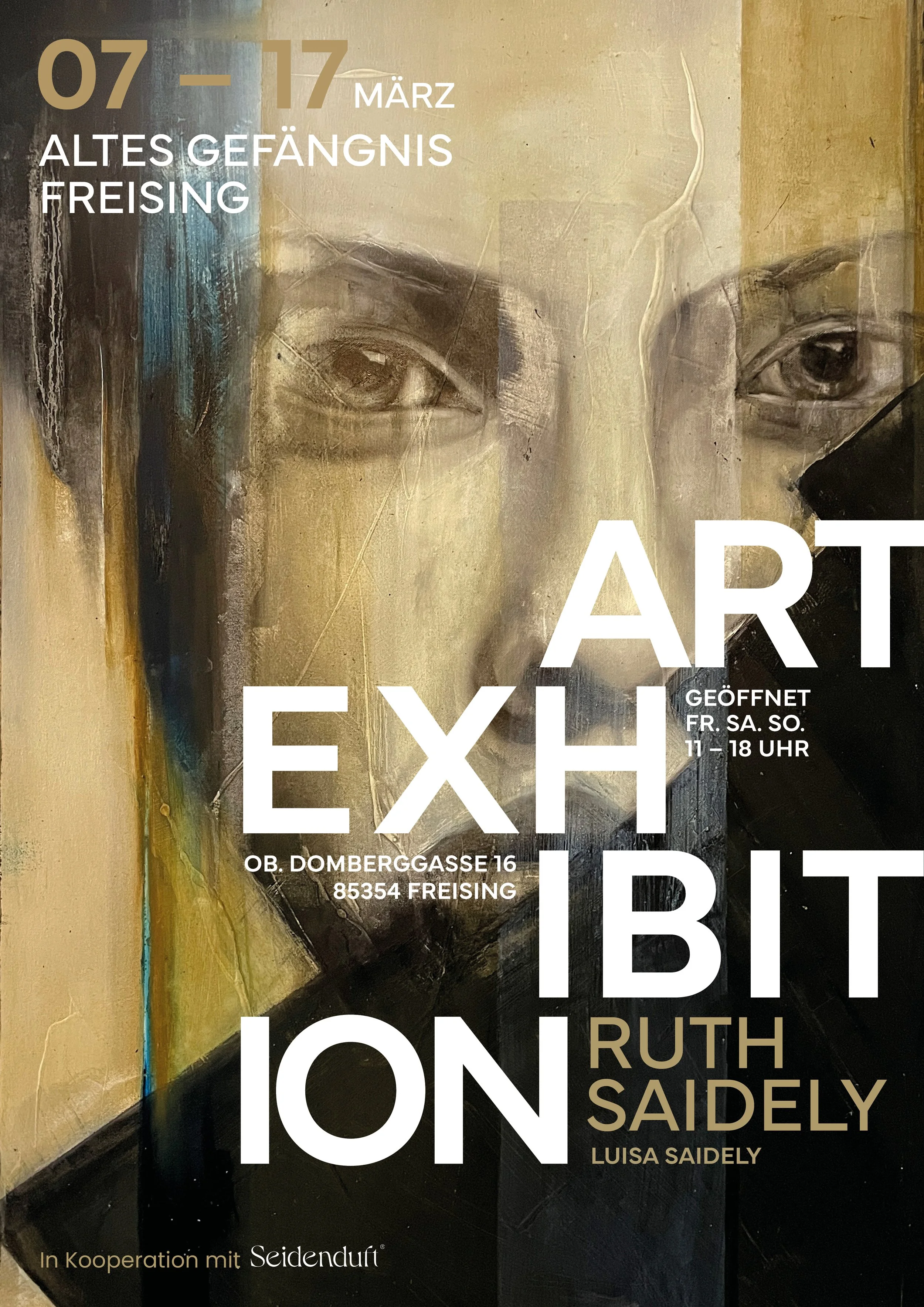 An art exhibition announcement featuring a close-up of a painting with a human face, emphasizing the eyes, with text about the event including dates, location, and artist's name. The background of the painting is abstract with mix of colors.