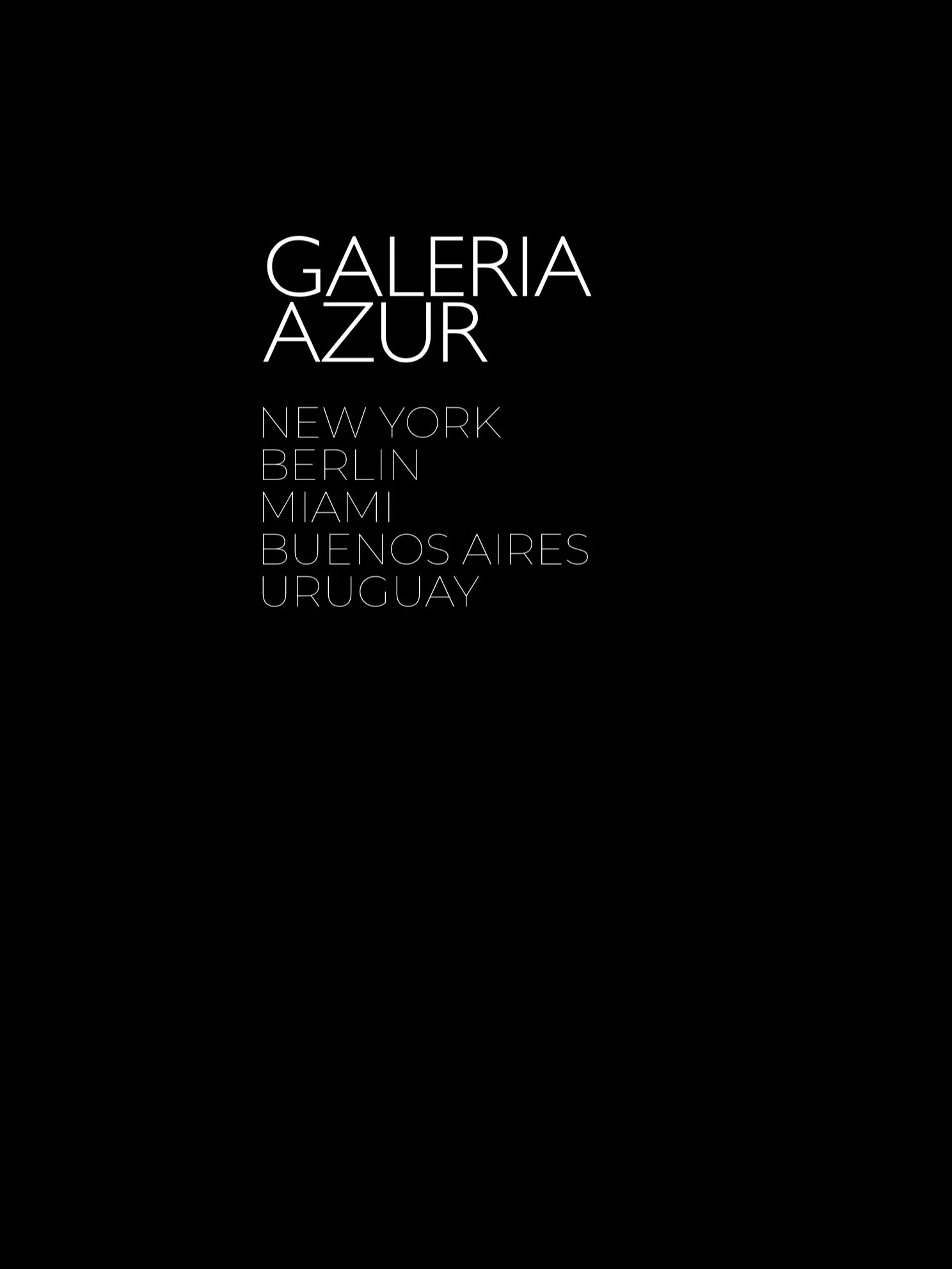 Black background with white text displaying the name 'Galeria Azur' and locations 'New York, Berlin, Miami, Buenos Aires, Uruguay'.