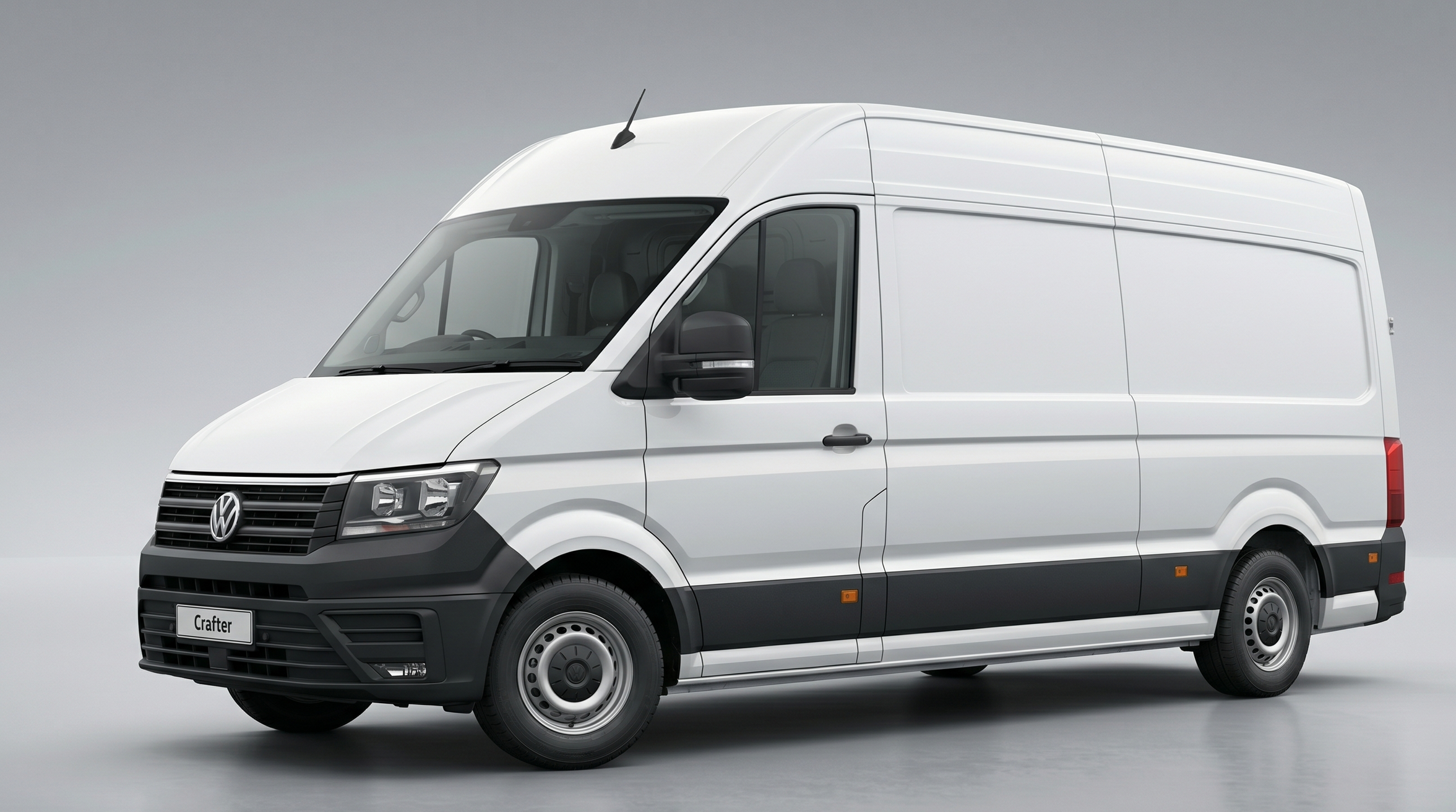 Een witte bedrijfsbestelwagen, merk Volkswagen, op een neutrale grijze achtergrond.