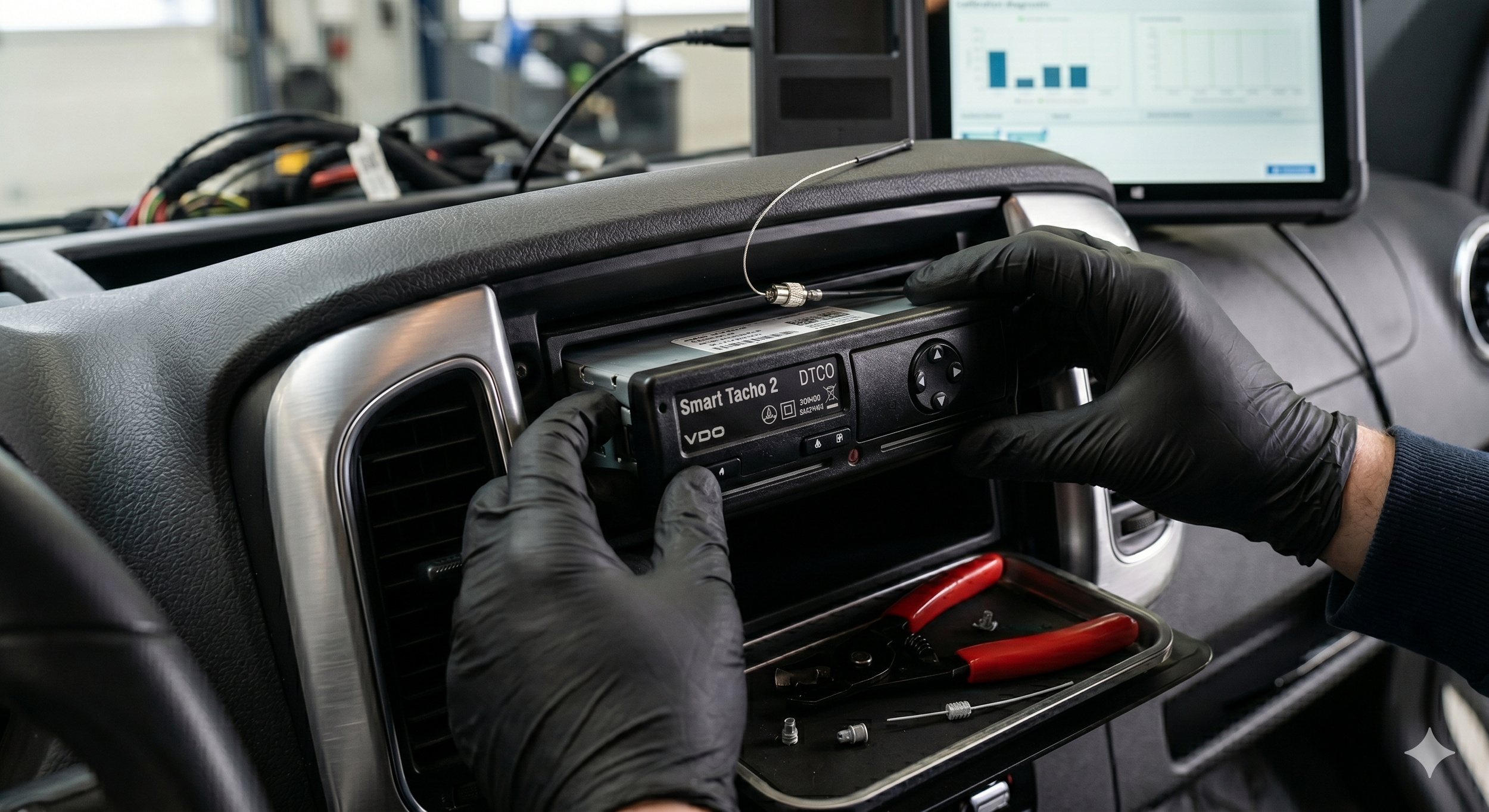 Technicus voert onderhoud uit aan een voertuigdashboard met een apparaat genaamd 'Smart Tacho 2' terwijl een computerscherm met grafieken op de achtergrond te zien is.