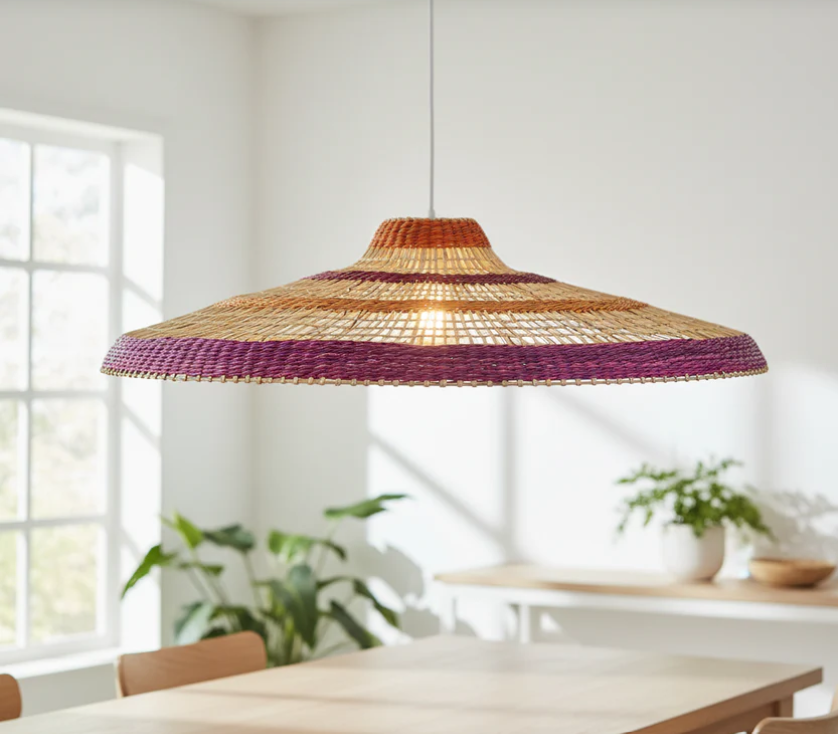 Large Pink Stripe Rattan Lampshade