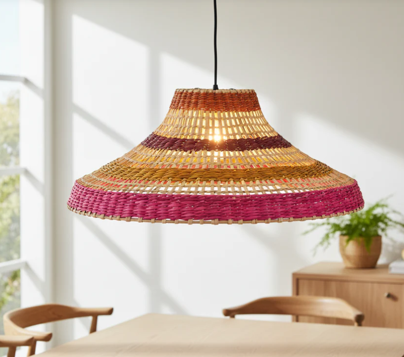 Small Pink Stripe Rattan Lampshade