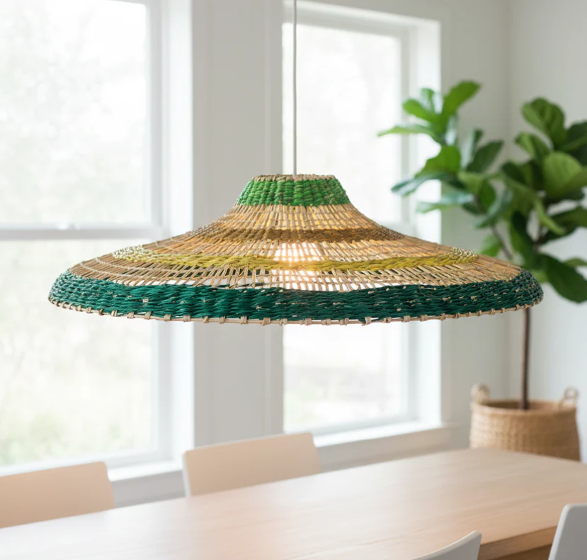 Medium Green Stripe Rattan Lampshade