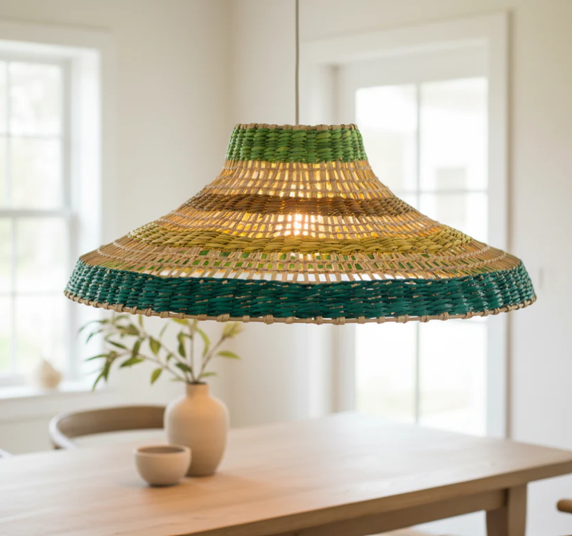 Small Green Stripe Rattan Lampshade
