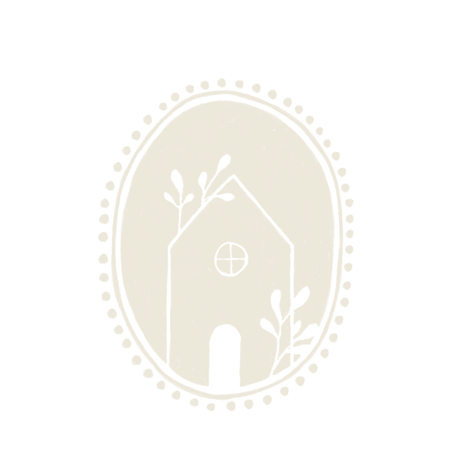 Black-and-white illustration of a house with a circular window and a door, surrounded by abstract plant motifs, enclosed in an oval border with dotted details.