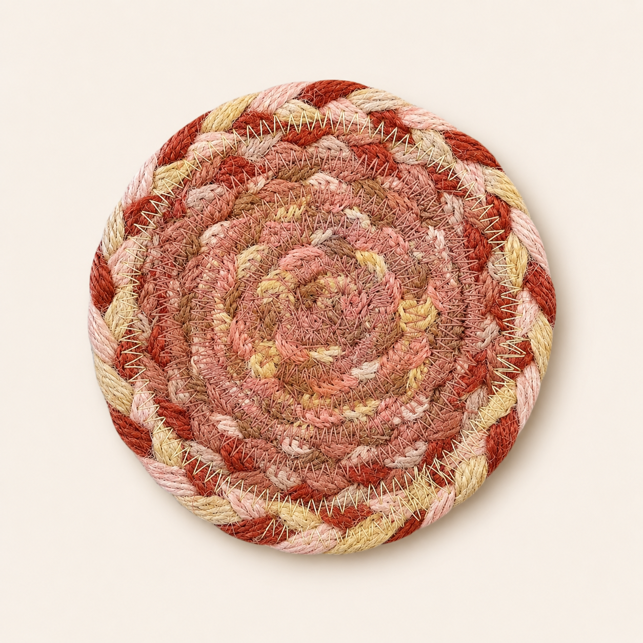 Set of 6 Coral Jute Coasters in a Basket