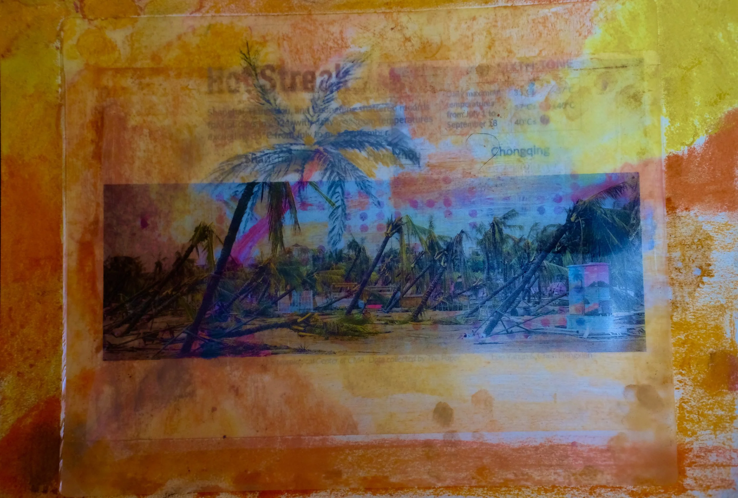 A3 Mixed media - Winds of fury - The aftermath of storm Yagi in 2024 on
Hainan islands . the heatwaves and storms worsen year on year.
