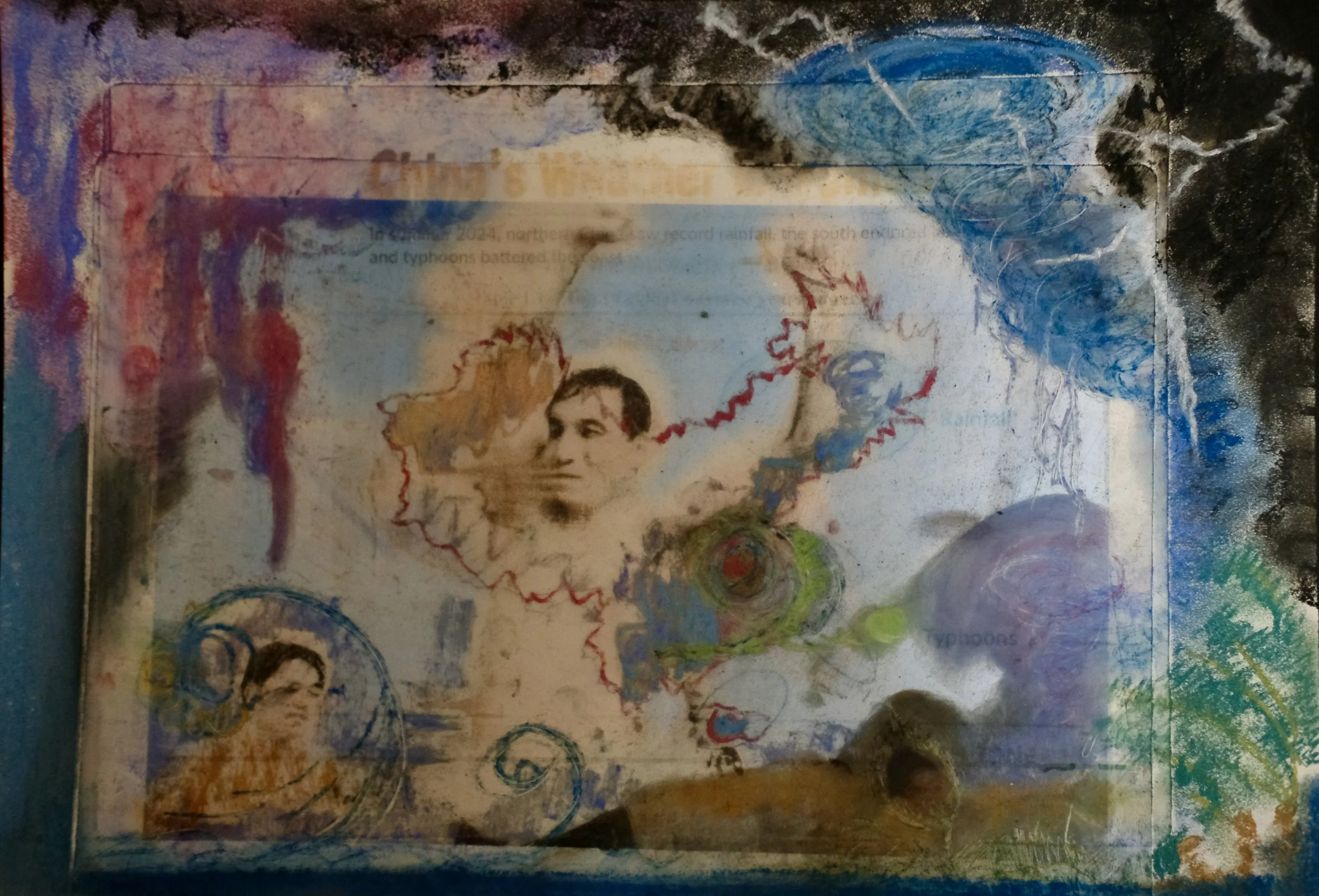 A3 - Mixed Media . A depicted scene of
tourists swimming in the
middle of the cyclones
and typhoos that hit the
country everyyear during
the summer months and
cause billions of Yuan
woth of damage.