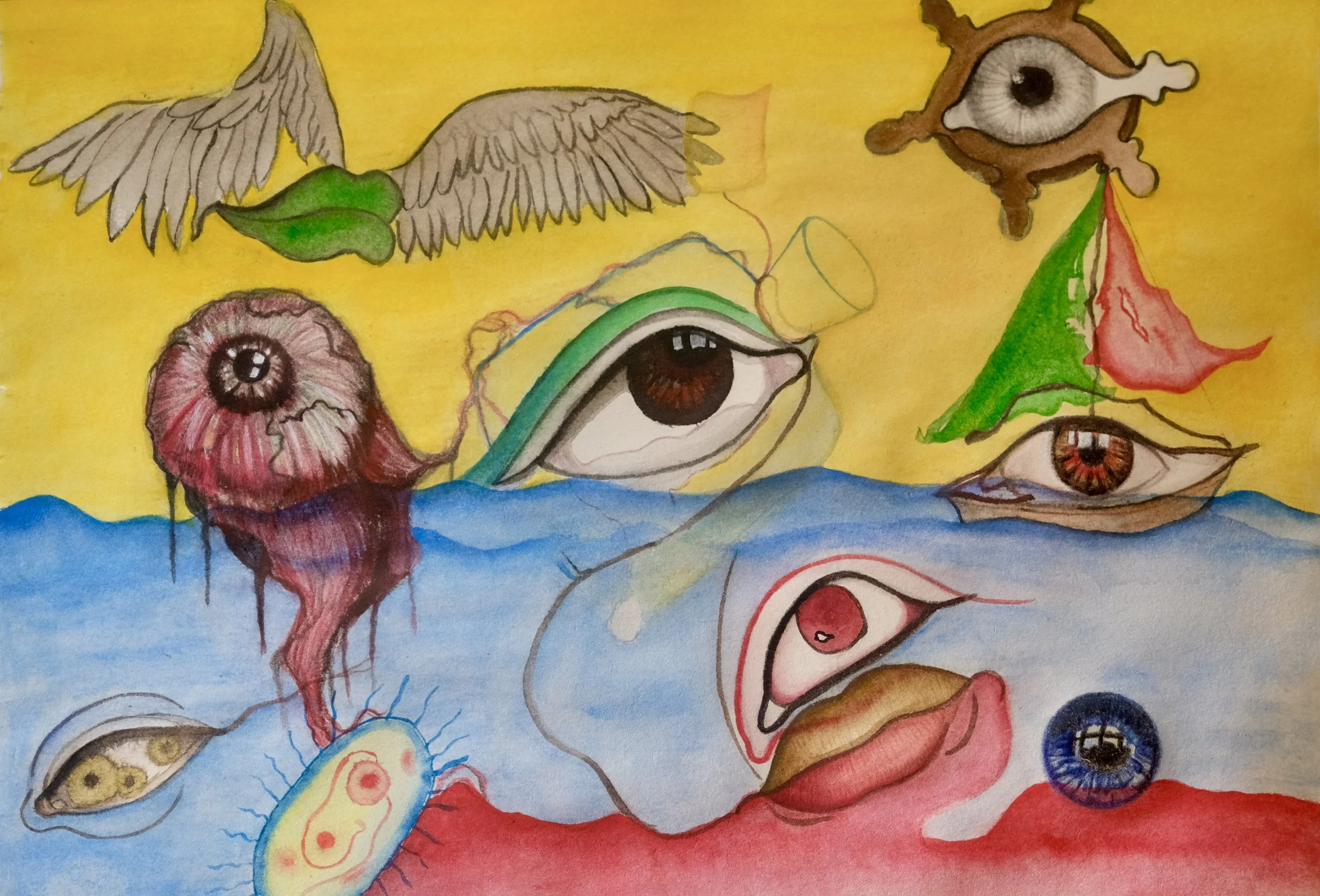A4 water colour painitng the eyses and mouth representing society
and my lacks of freedoms as a woman using the mouth and wings
expressing my desires as a woman. The bottle in the sea represents
how i feel trapped looking out into this society with a