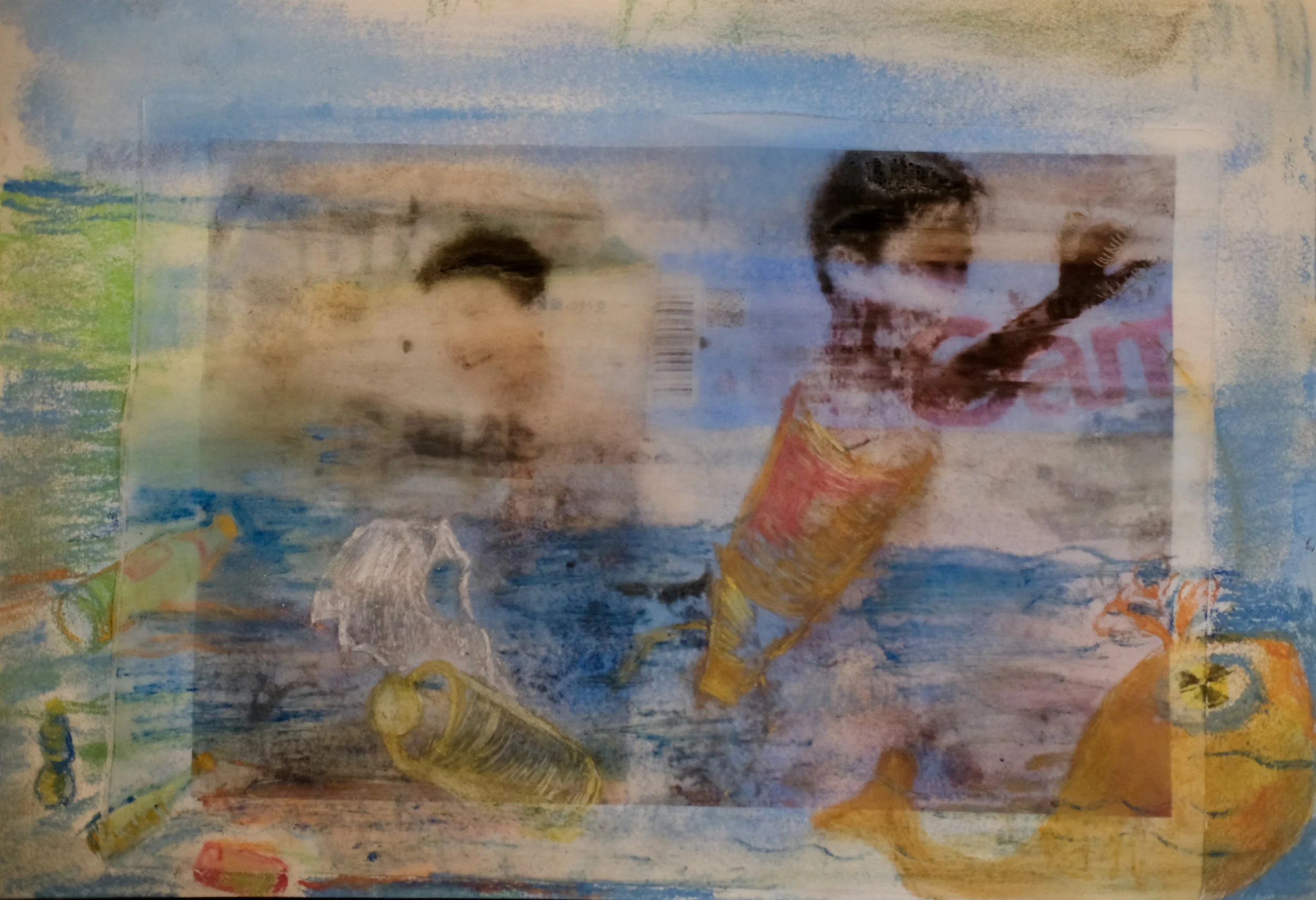 A3 Mixed media - a depicted scene
of children and tourists
swimming in a sea of
plastic causing ocean
pollution caused by
tourism