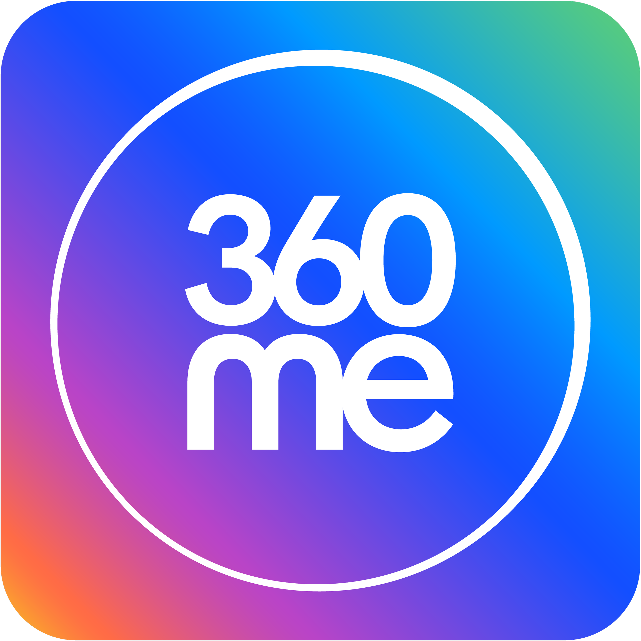 Colorful circular gradient background with bold white text reading '360' and a heart outline behind the text.