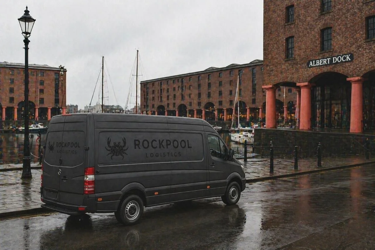 A black delivery van with 'Rockpool Logistics' logo parked near a river or dock area, with boats and buildings in the background, under an overcast sky.