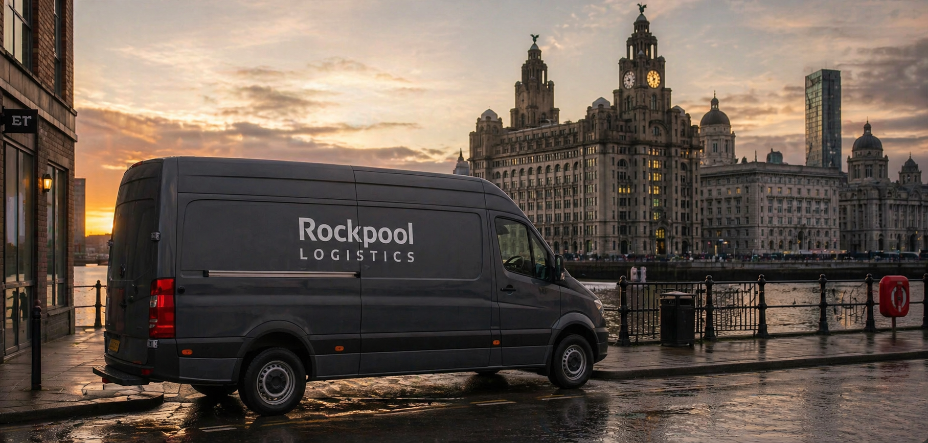 A gray delivery van with the words 'Rockpool Logistics' parked by a river during sunset, with historic buildings and a cloudy sky in the background.