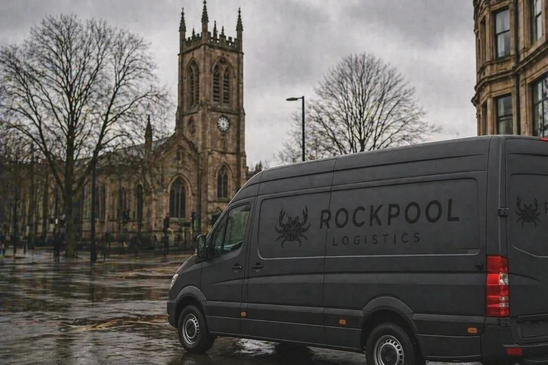 A Rockpool Logistics delivery van parked on a rainy city street with a historic church and leafless trees in the background.