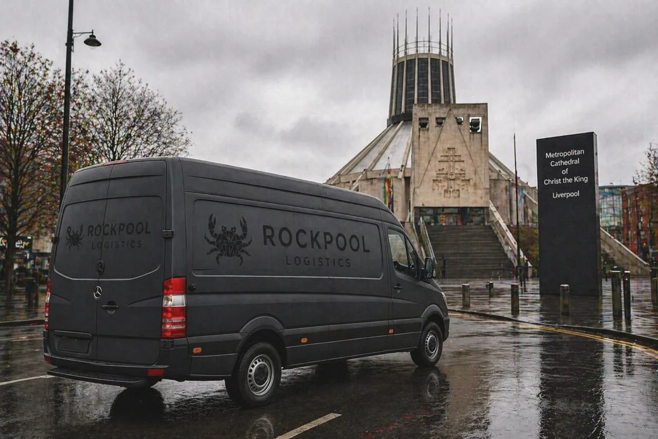 A black delivery van with the logo of 'Rockpool Logistics' parked in front of the Metropolitan Cathedral of Christ the King in Liverpool on a rainy day.
