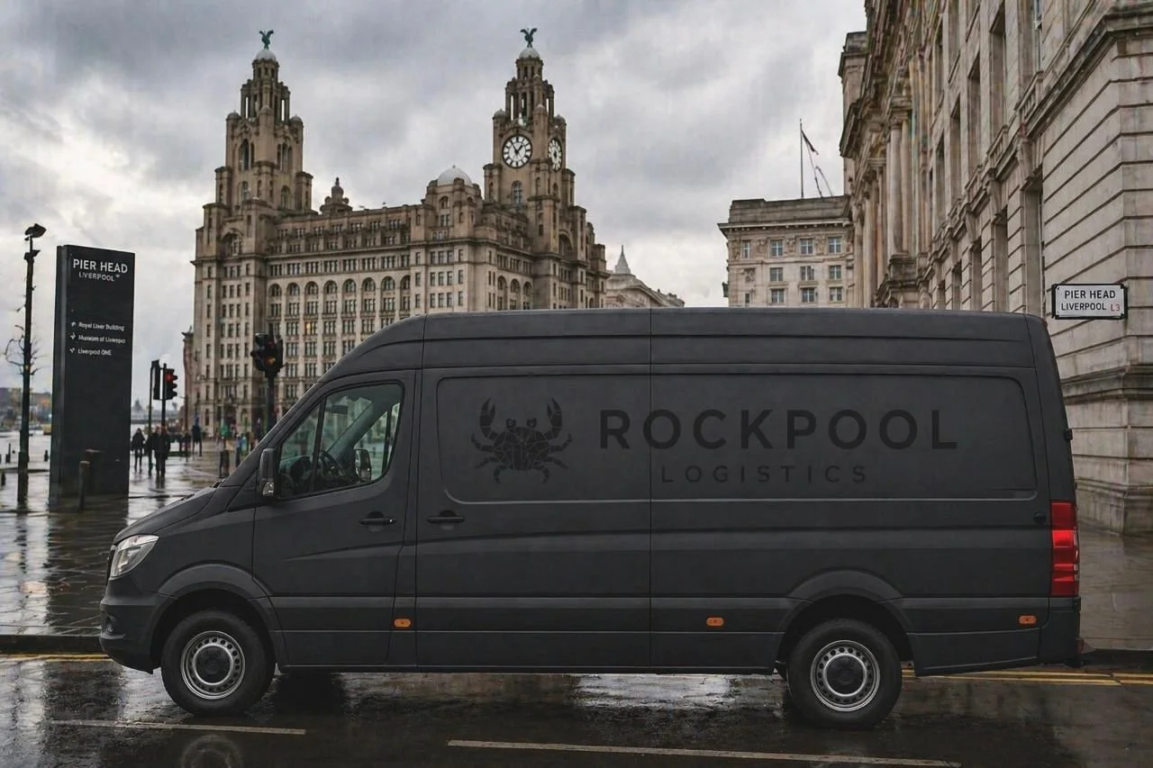 A black Rockpool Logistics delivery van parked on a wet street in front of Liverpool's Pier Head building under a cloudy sky.