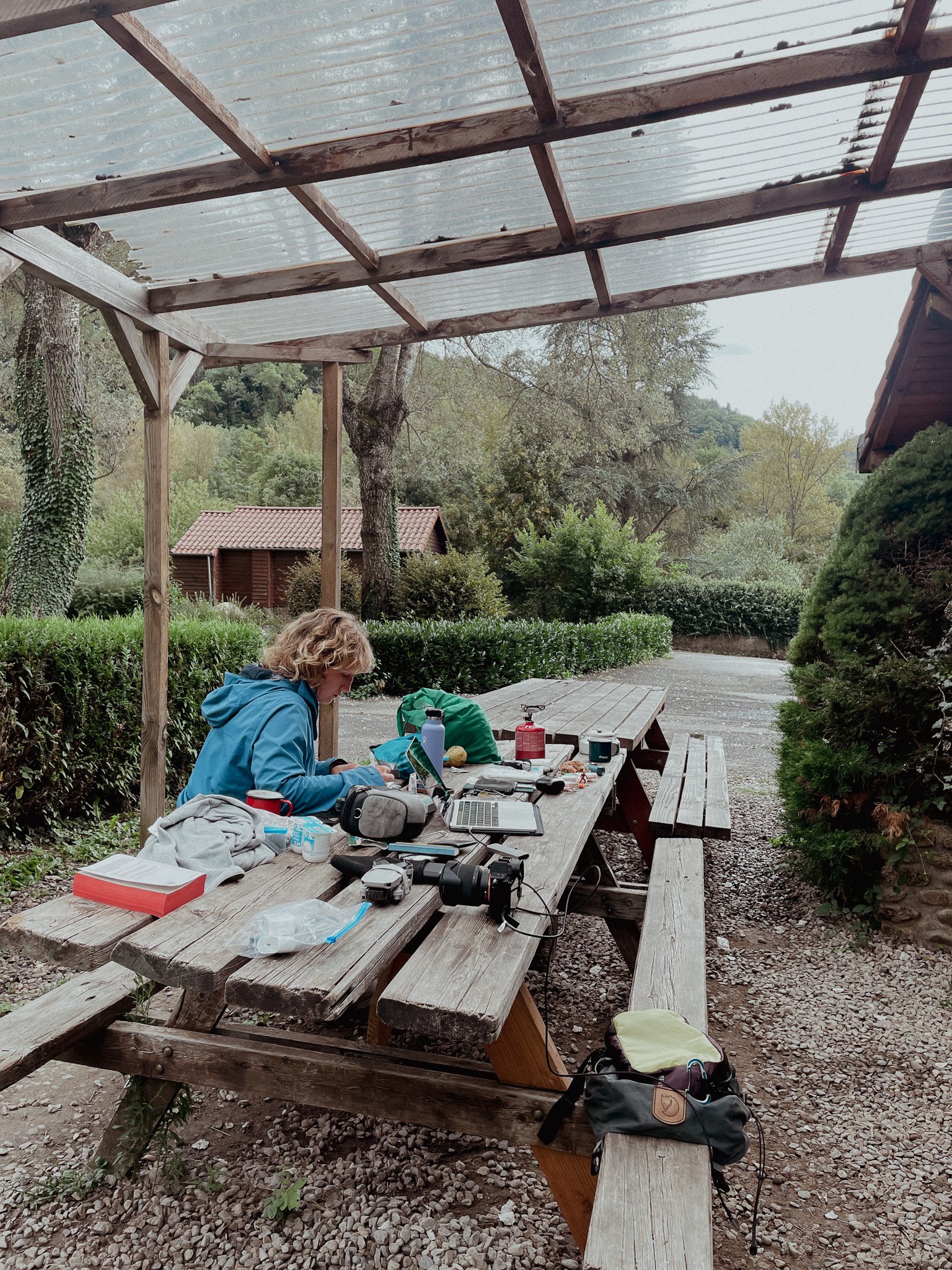 Person sitting at a picnic table under a wooden and transparent roof, surrounded by trees and bushes, with various electronic devices and personal items on the table.