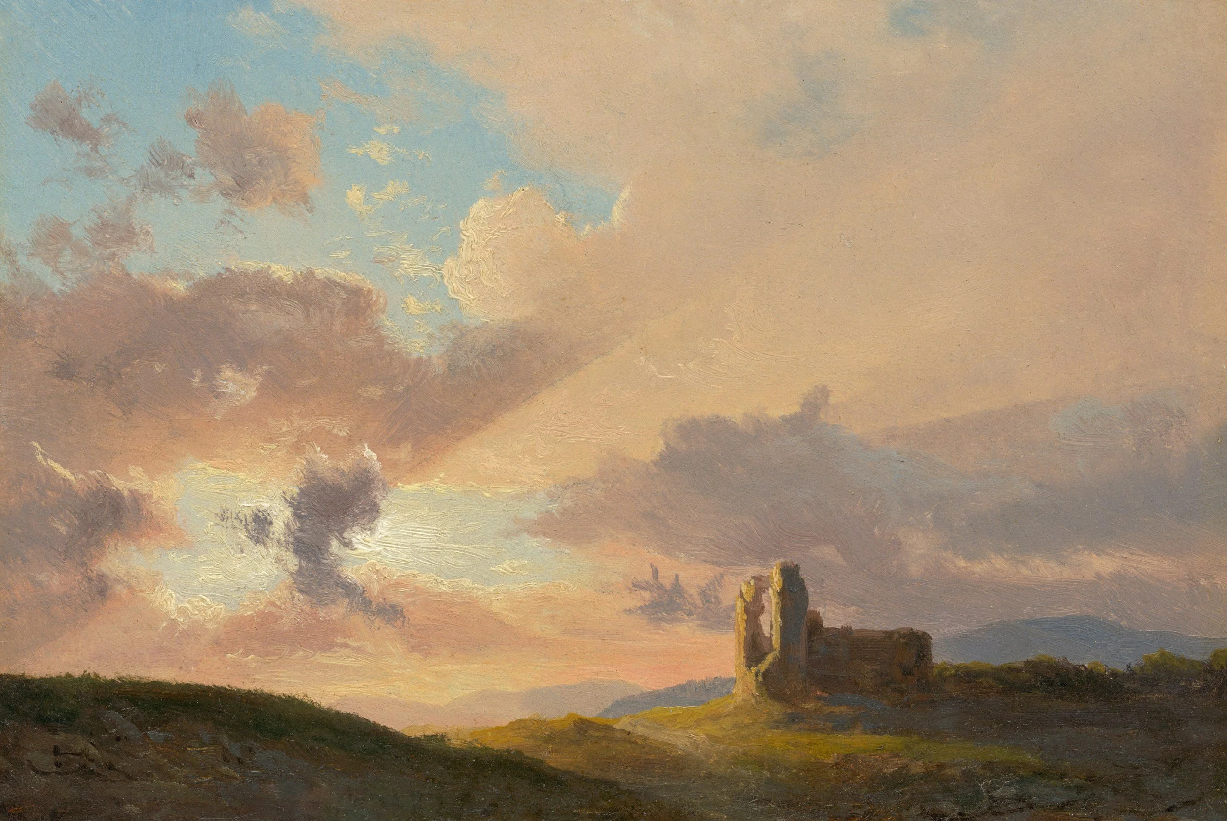 A sunset or sunrise landscape painting depicting a sky with clouds illuminated by the setting or rising sun, featuring buildings with a tower in the distance along a dark foreground.