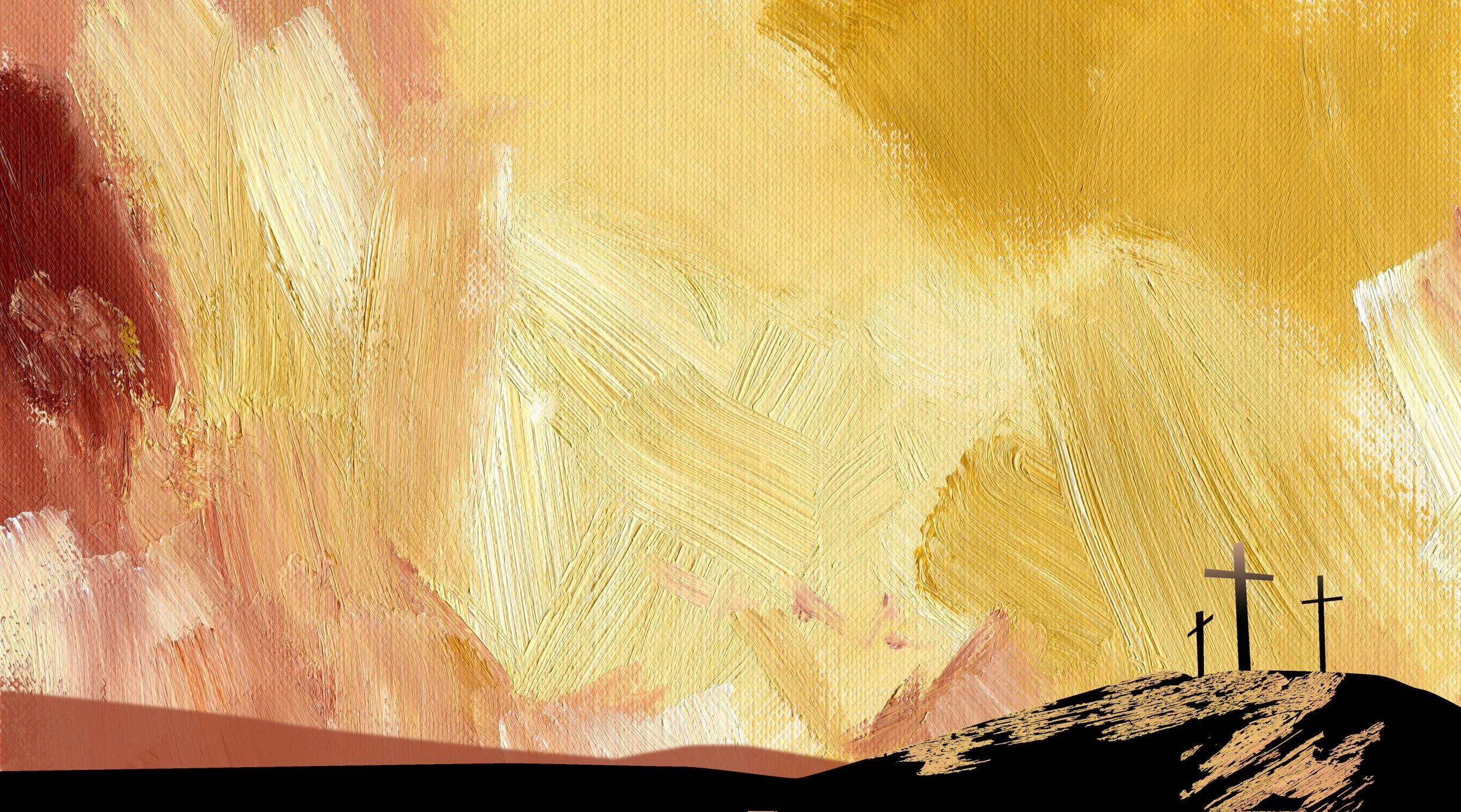 Abstract painting with warm tones of yellow, peach, and pink, featuring textured brushstrokes and a black silhouette of crosses on a hill in the bottom right corner.