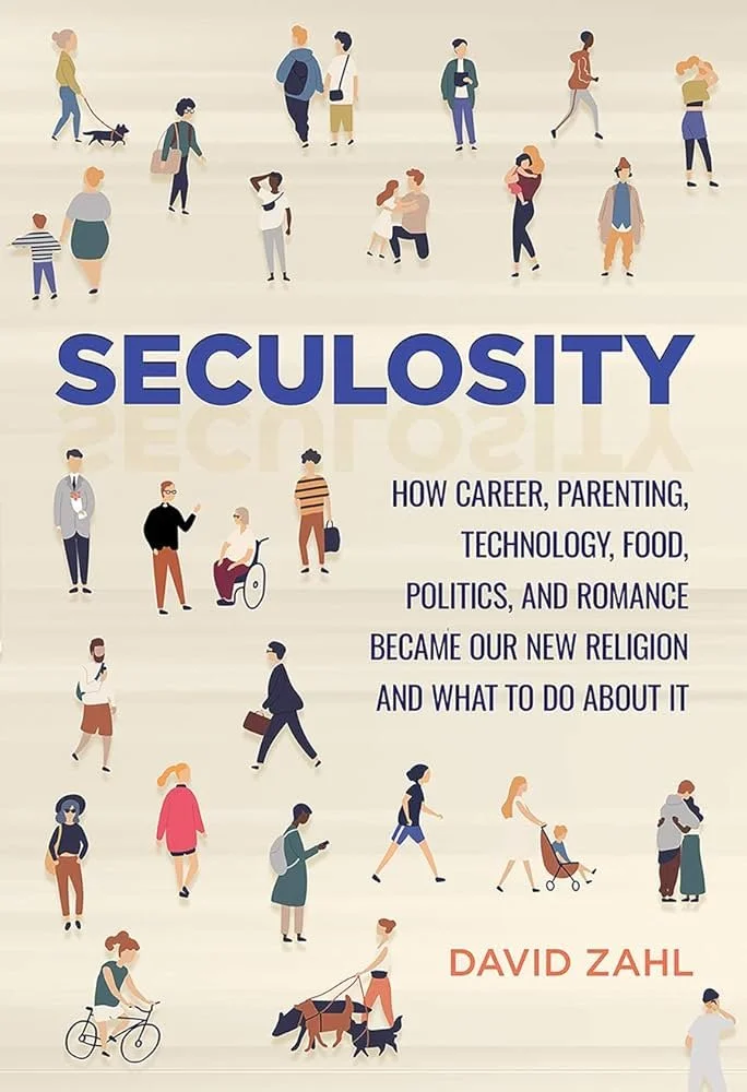 Book cover titled 'Seculosity' by David Zahl, featuring illustrations of diverse people engaging in different activities such as walking, talking, riding bikes, pushing strollers, and using phones.