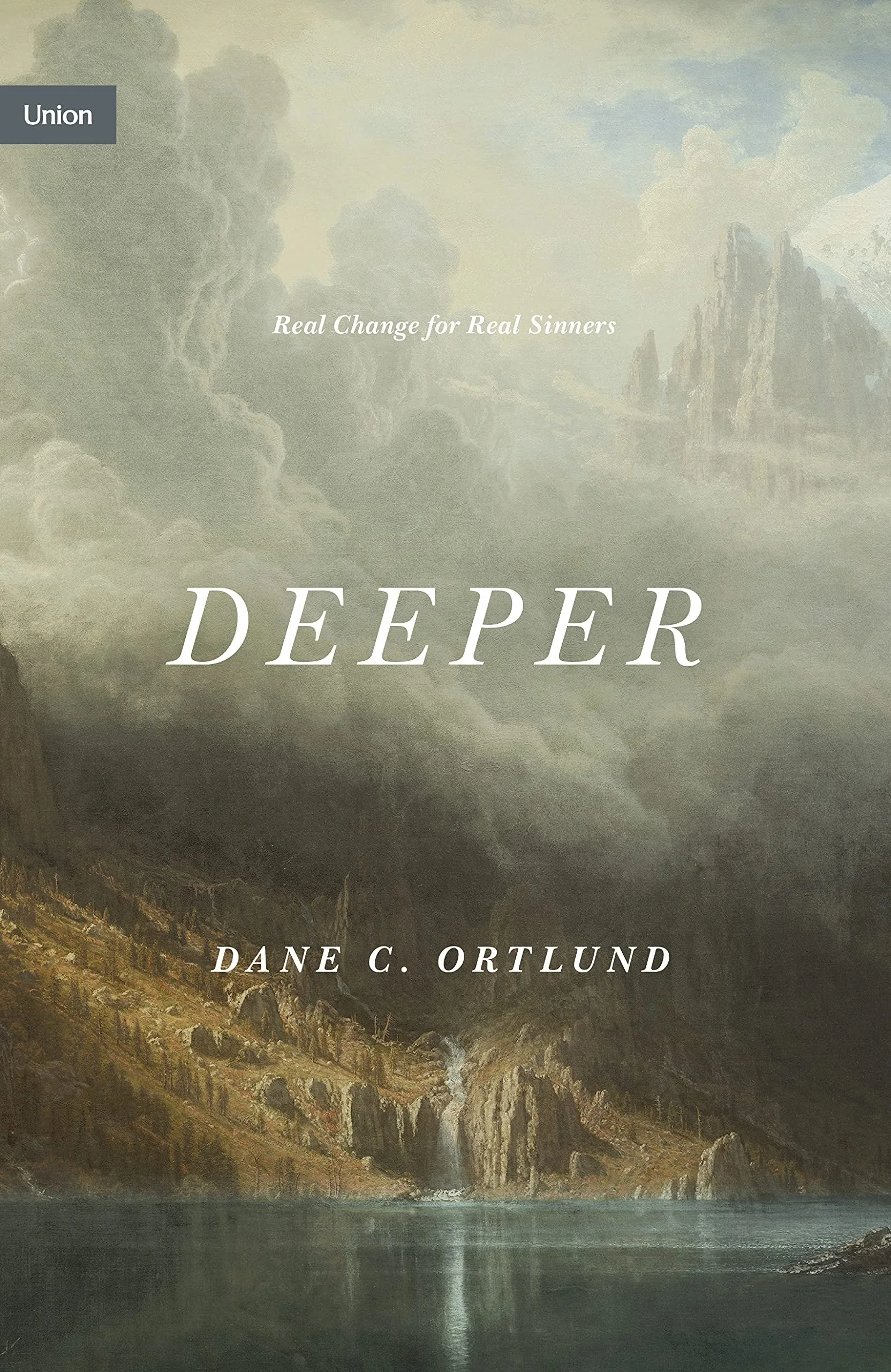 Book cover titled 'Deeper' by Dane C. Orlund. The background features a landscape with cloudy skies, mountains in the distance, and a body of water in the foreground, with a traditional-style village at the base of the mountains.