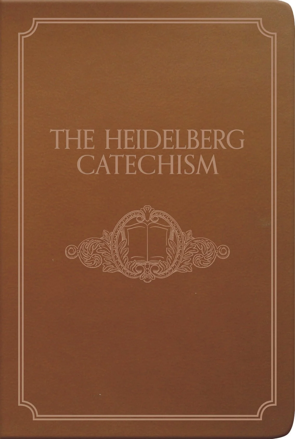 Cover of a book titled "The Heidelberg Catechism" with a decorative emblem of an open book inside a circular ornate design, on a brown background.