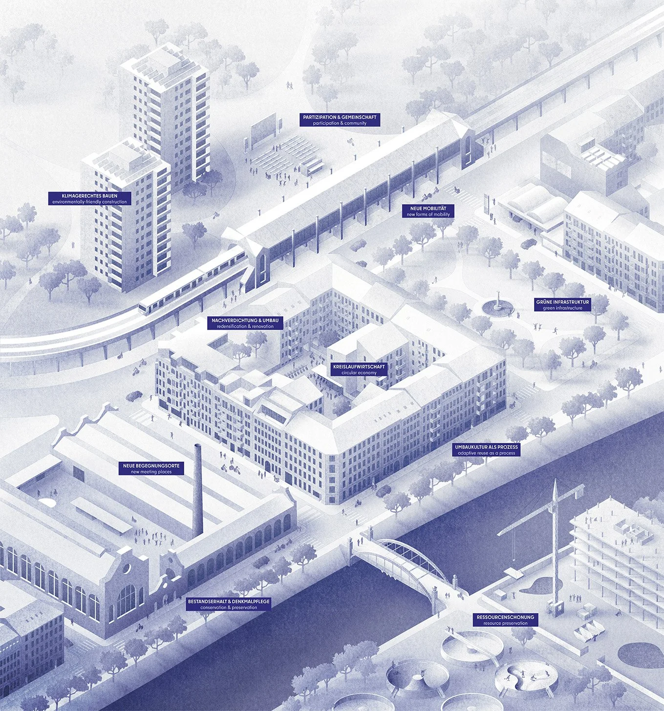Felix Matschke Illustration Architektur Baukultur Denkmalpflege Umbaukultur Berlin Ausstellung Infografik Bestehendes bewahren Neues schaffen
