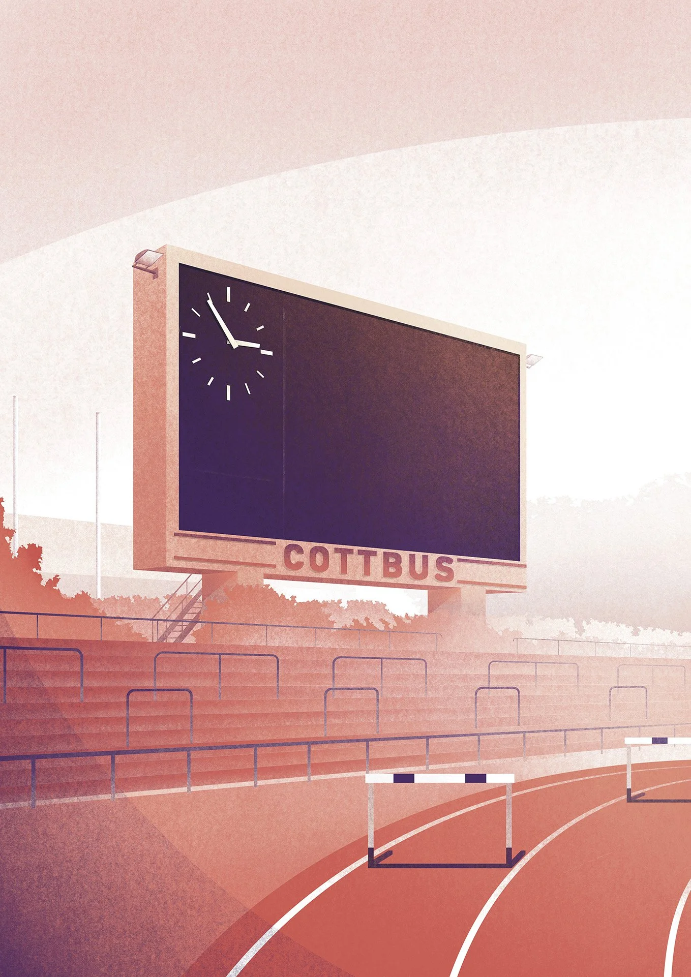 Felix Matschke Illustration Architektur Baukultur Cottbus Sport Max Reimann Stadion Leichtathletik Uhr Hürden Laufen Tribüne