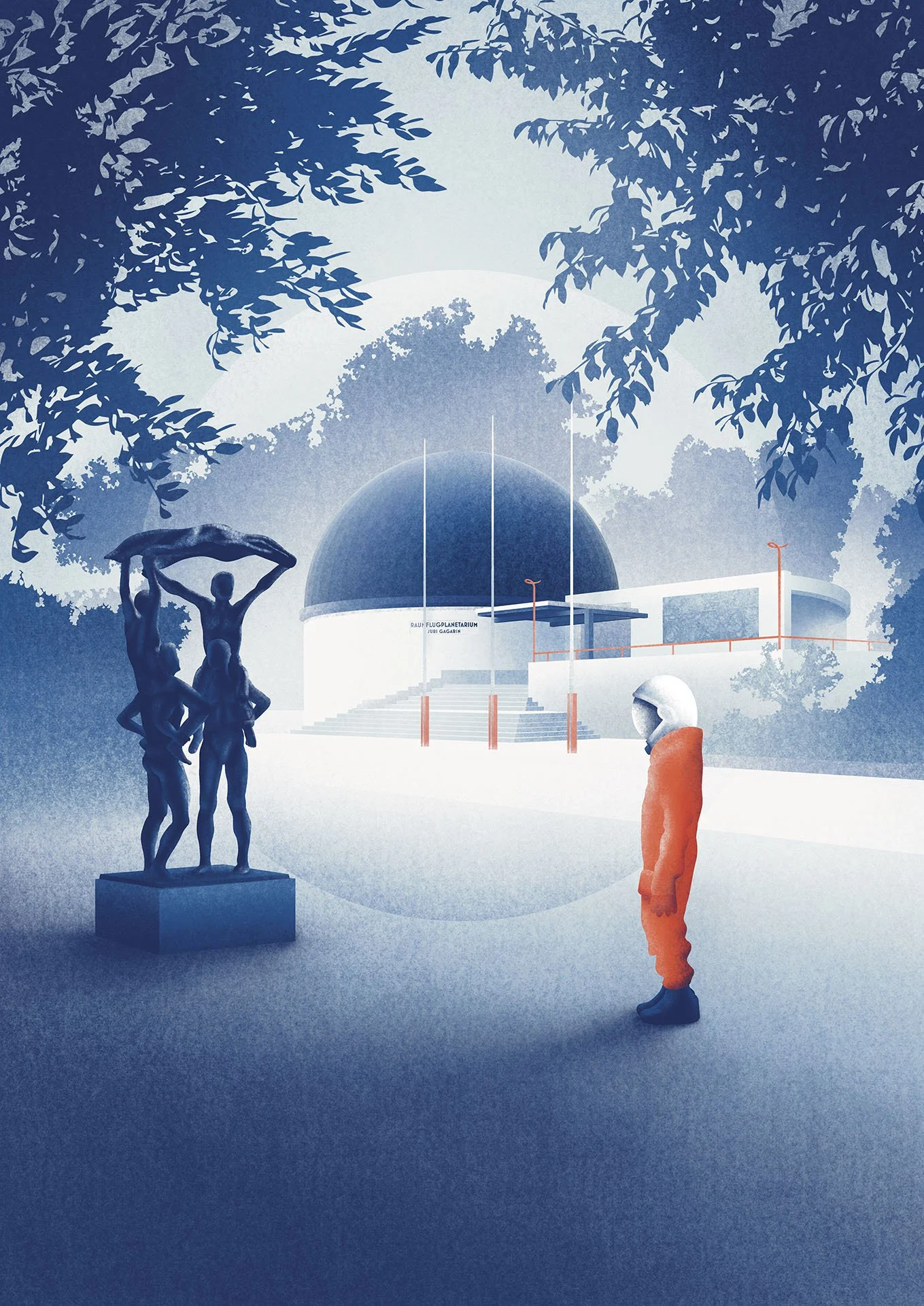 Felix Matschke Illustration Architektur Baukultur Denkmalpflege Cottbus Planetarium Raumflugplanetarium Juri Gagarin Huckepack Heinz Mamat Skulptur