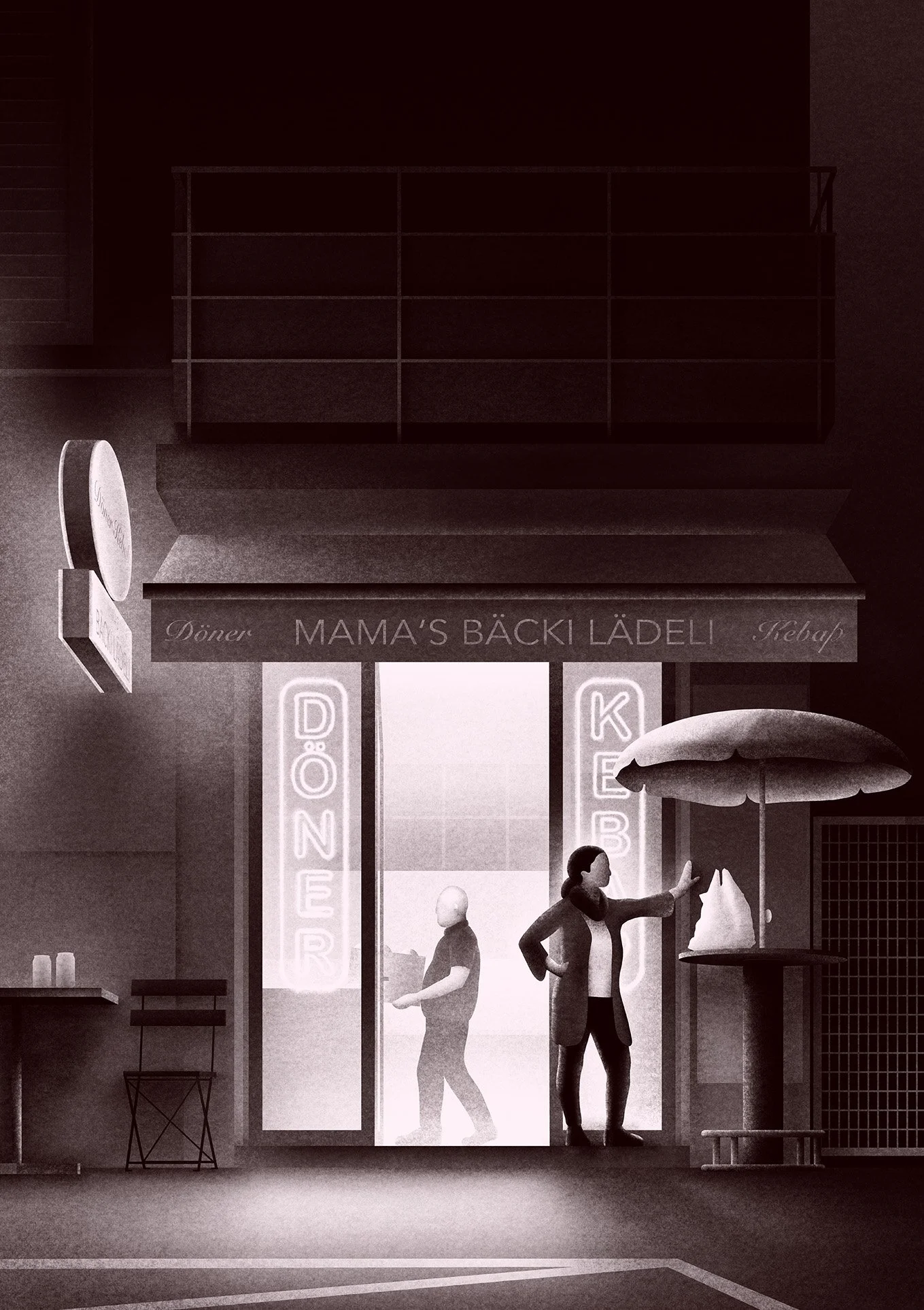 Illustration Architektur Baukultur Zürich Werkraum Kiosk Mama Kebab Döner Bäckeranlage Bäcki Lädeli