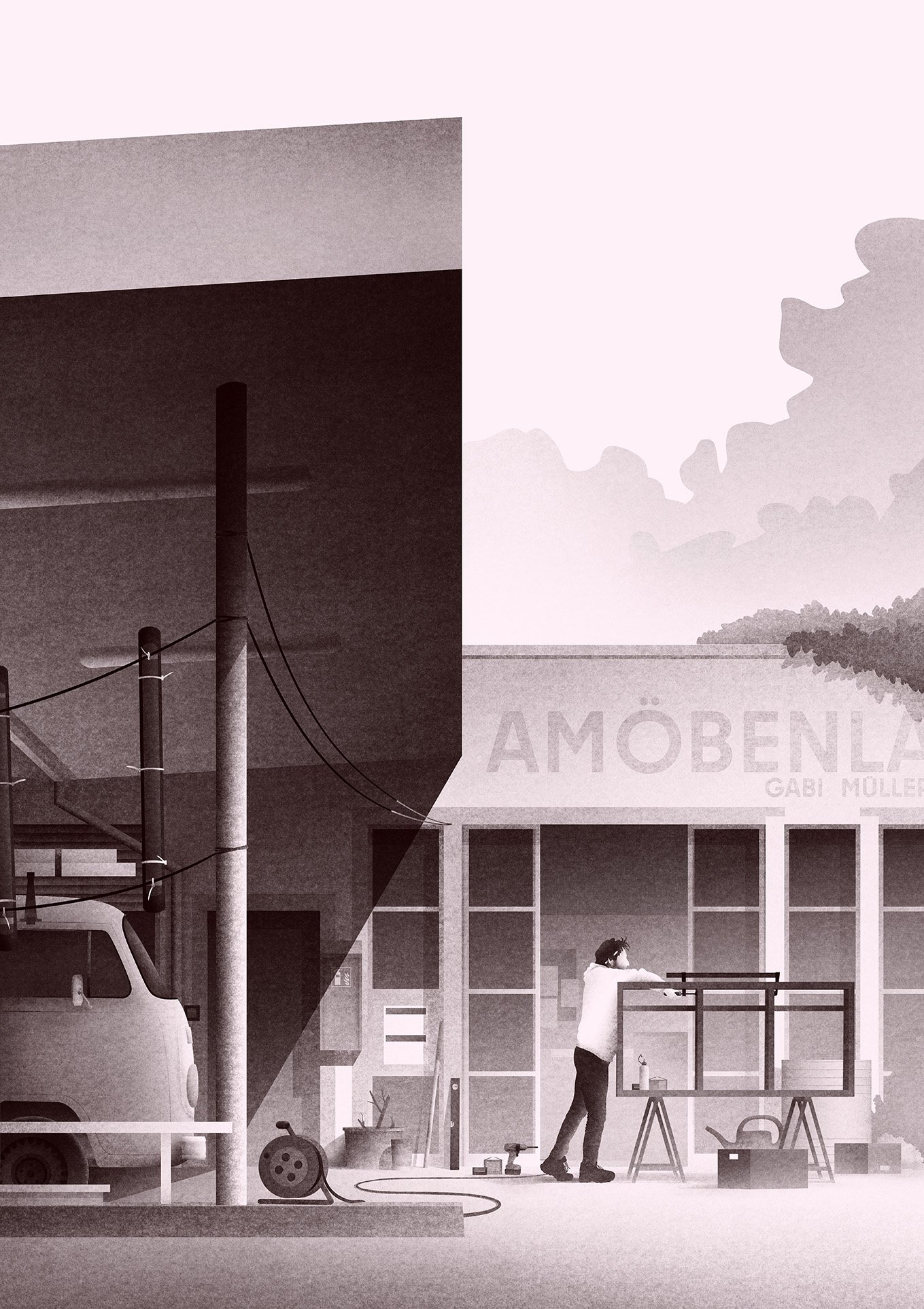 Felix Matschke Illustration Architektur Baukultur Zürich Werkraum Tankstelle Werkstatt Möbel VW Bus Werkzeug