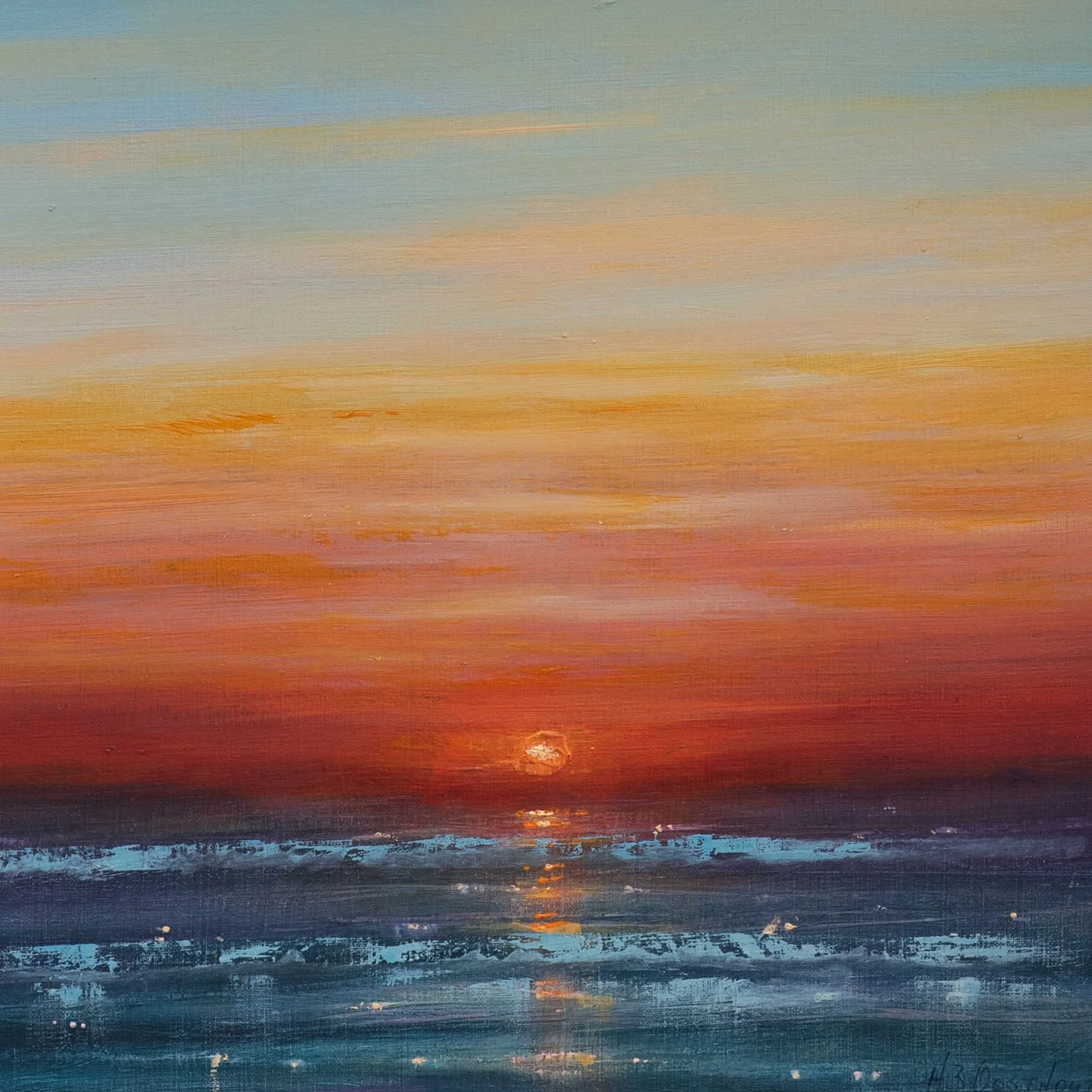 Zonsondergang aan zee - 
24 x 24 cm , olieverf op papier in witte lijst en passepartout van 37 x 37 cm. 

Te koop

