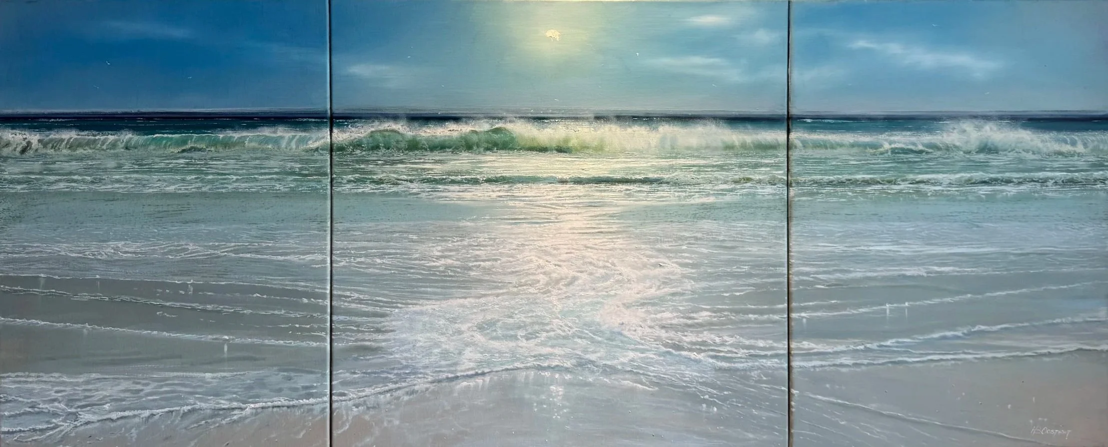 Het plaatsen van het maantje - of is het een zonnetje? - maakt het verschil! Dit zeezicht had ik in eerste instantie bedoeld als een tafereel bij daglicht. Met het plaatsen van de zon wilde ik de produktie van dit schilderij voltooien….een dikke punt
