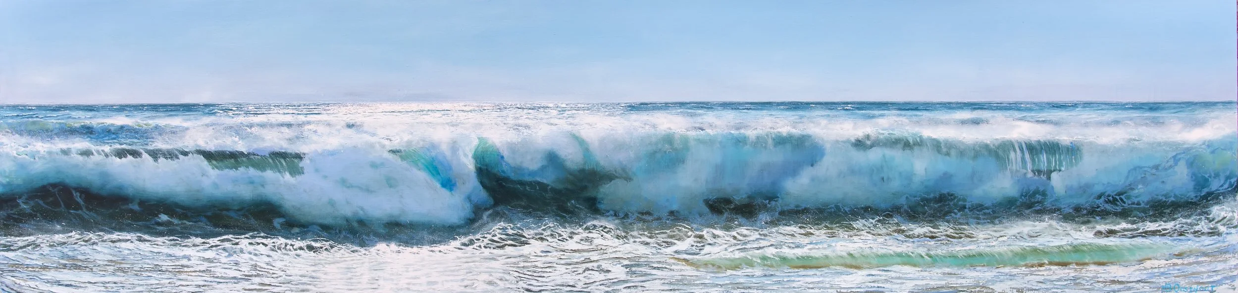 Een branding rolt kamerbreed aan land -

Olie op linnen, 240 x 60 cm