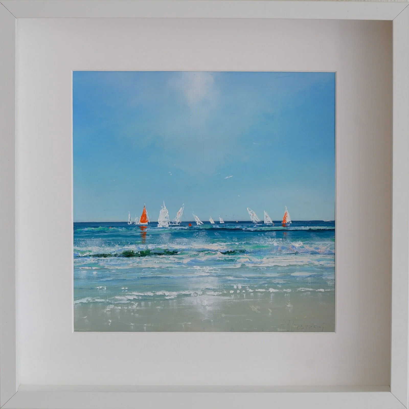 De Zeilschool - olie op papier - 24 x 24 cm, buitenmaat lijst 37 x 37 cm - te koop