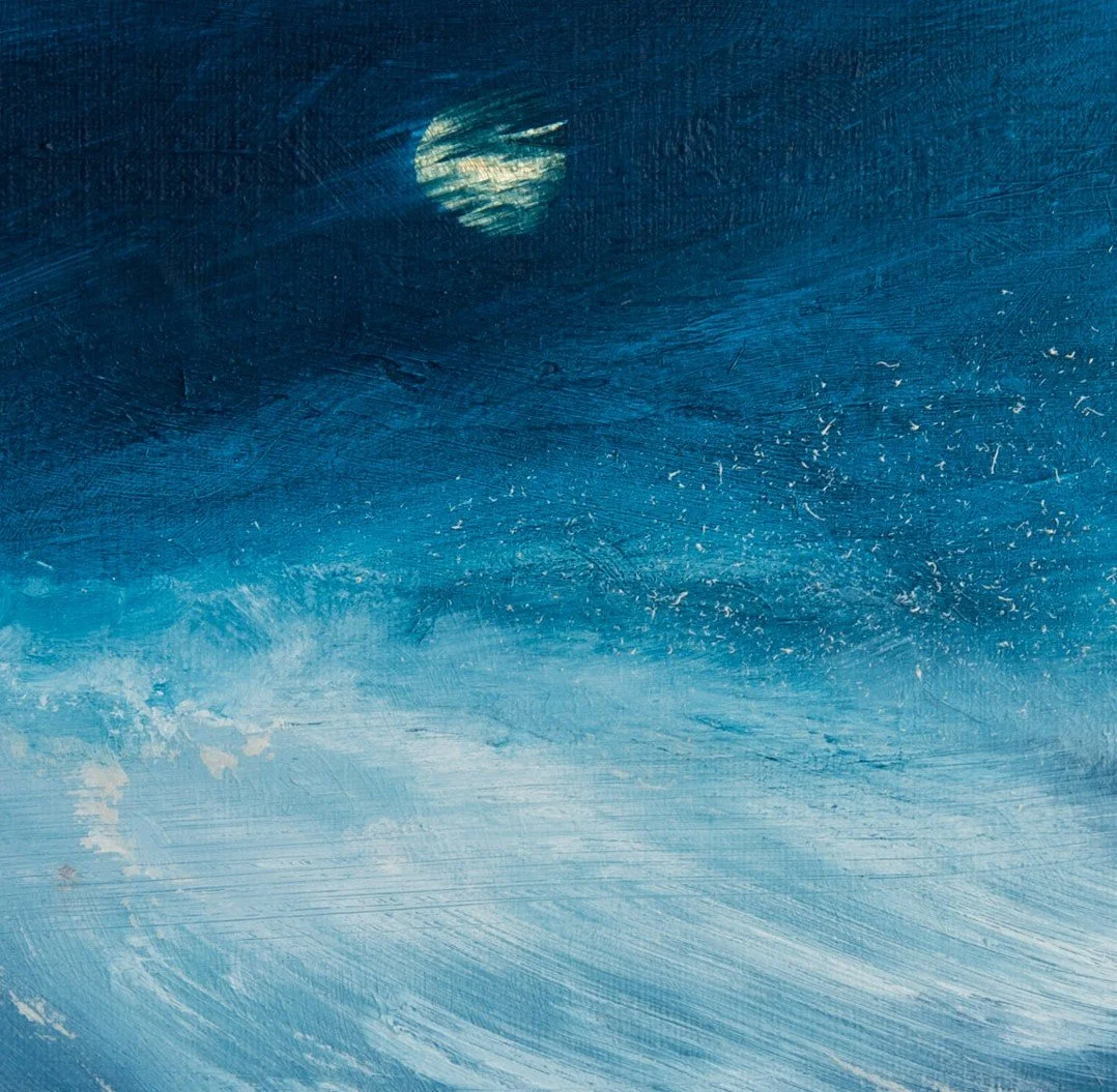 Moonlit spray - 

ca 12 x 12 cm, olie op papier in witte lijst ( en passepartout) van 27 x 27 cm. Te koop.
