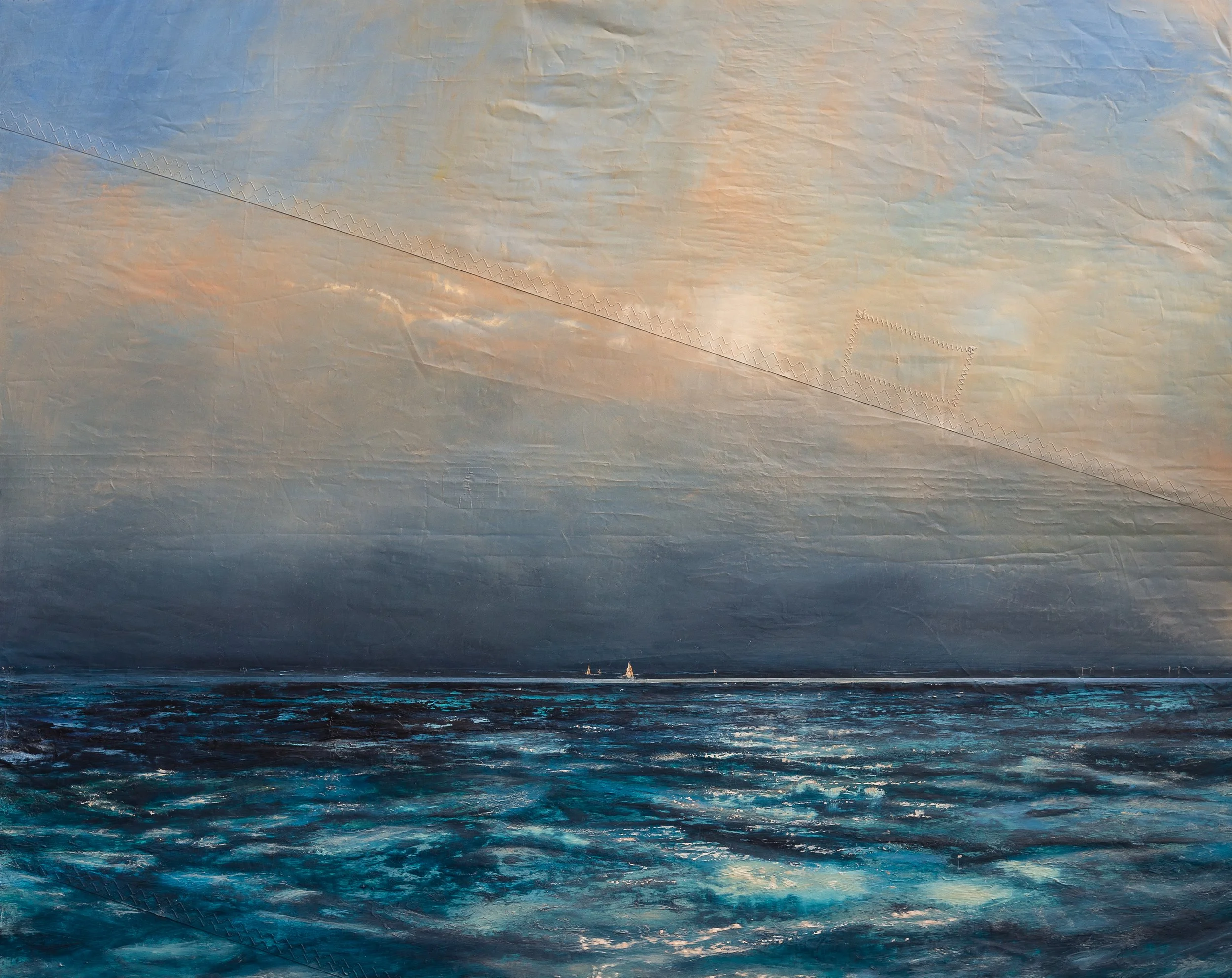Single-handed sailor, 
inspired by Dire Straits

"On a night when the lazy wind is wailing
around the Cutty Sark, the single handed sailor goes sailing. 
Sailing away in the dark"

Oil on my old genoa, 150 x 120 cms