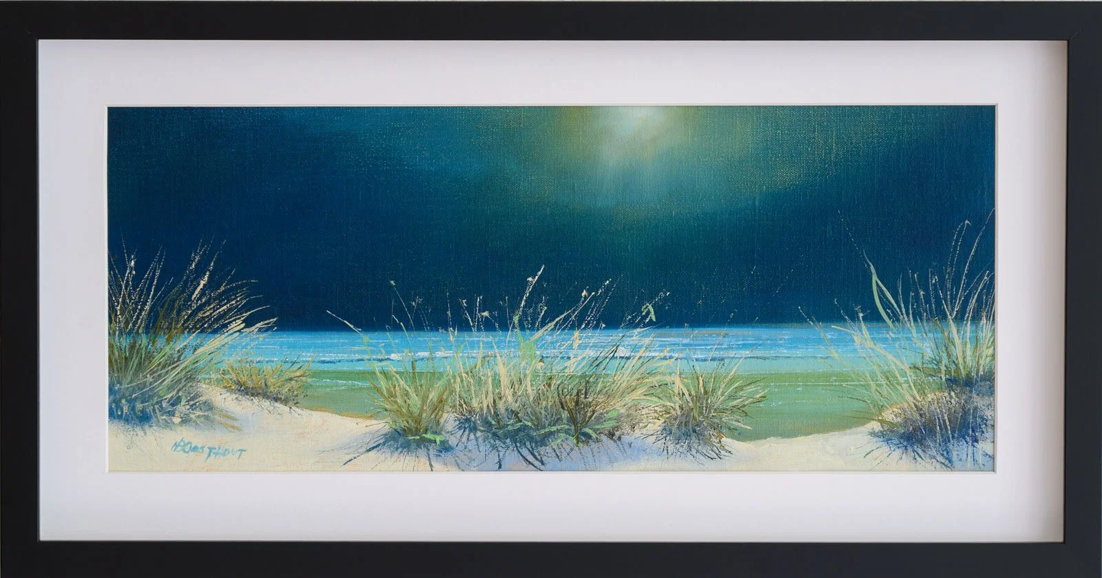 Een nacht op het duin - oliverf op linnen - 19 x 45 cm , buitenmaat lijst 30 x 57 cm,