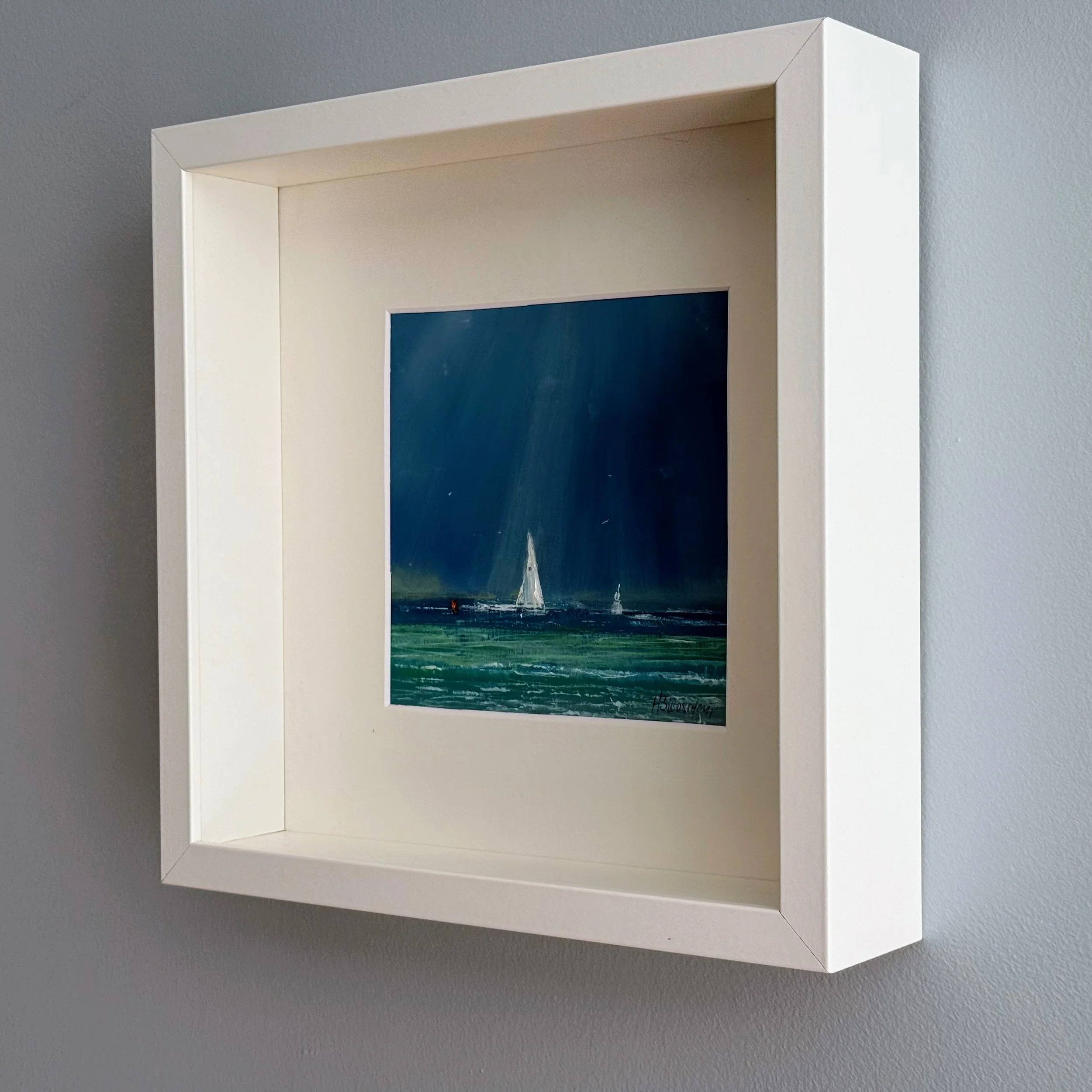 Dat gaat lekker skipper! - olie op papier - 14 x 14 cm - ingelijst, buitenmaten 27 x 27 cm - Te koop 